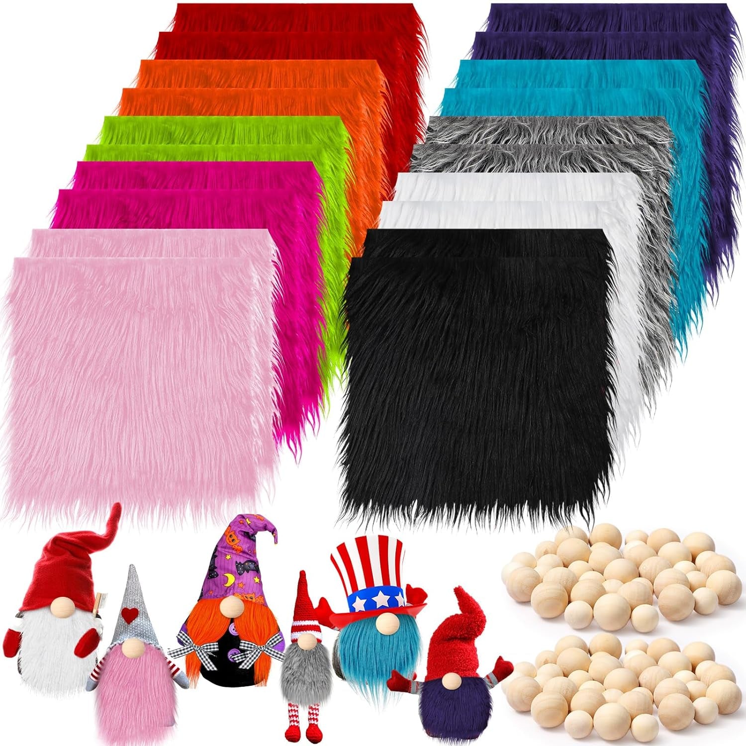 20 Pcs Faux Fur Fabric 10" X 10" with 40 Pcs Wood Balls Shaggy Faux Fur Square Patches, Gnome Beards for Crafting Sewing Costume Rug Pillow Cushion Pad Chair Cover Christmas (Bright Color)