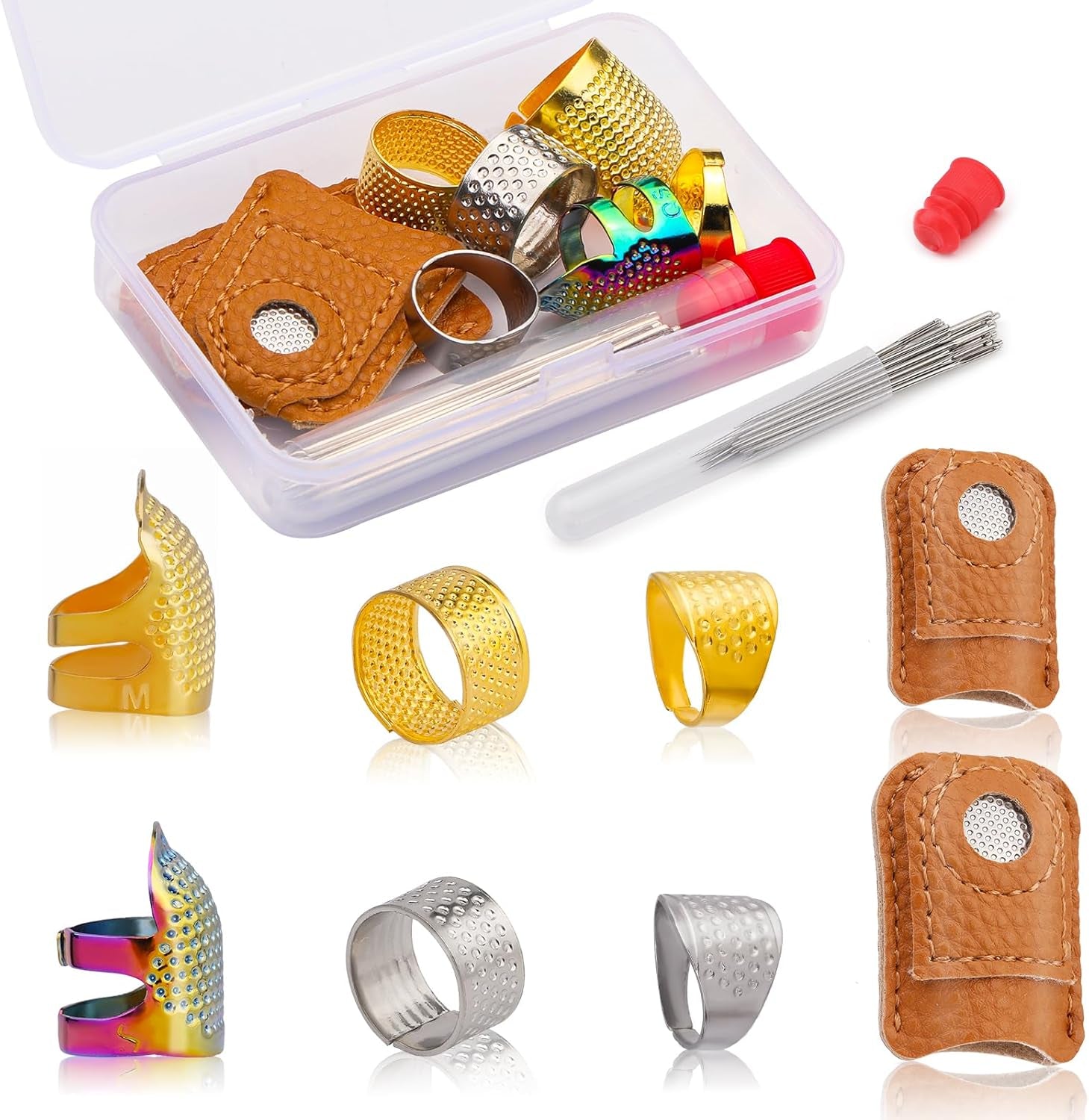 33Pcs Hand-Working Sewing Thimble Set, 23 PCS Large Eye Sewing Needles with Adjustable Metal Finger Shield Ring, Leather Coin Finger Protectors, Sewing Thimble Rings Cap for Knitting Quilting Craft
