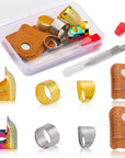 33Pcs Hand-Working Sewing Thimble Set, 23 PCS Large Eye Sewing Needles with Adjustable Metal Finger Shield Ring, Leather Coin Finger Protectors, Sewing Thimble Rings Cap for Knitting Quilting Craft