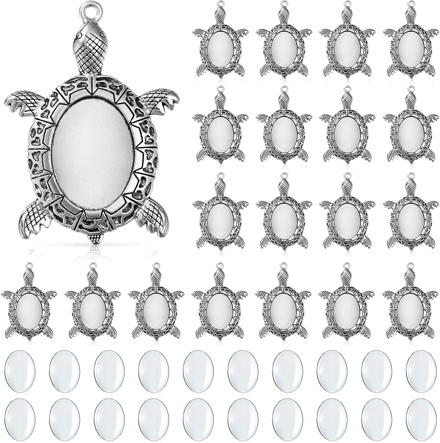 40 Pieces Antique Silver Turtle Pendant Settings, Include 20 Blank Turtle Pendant Tray with 0.71 X 0.98 Inch Oval Cabochons Base for DIY Jewelry Making