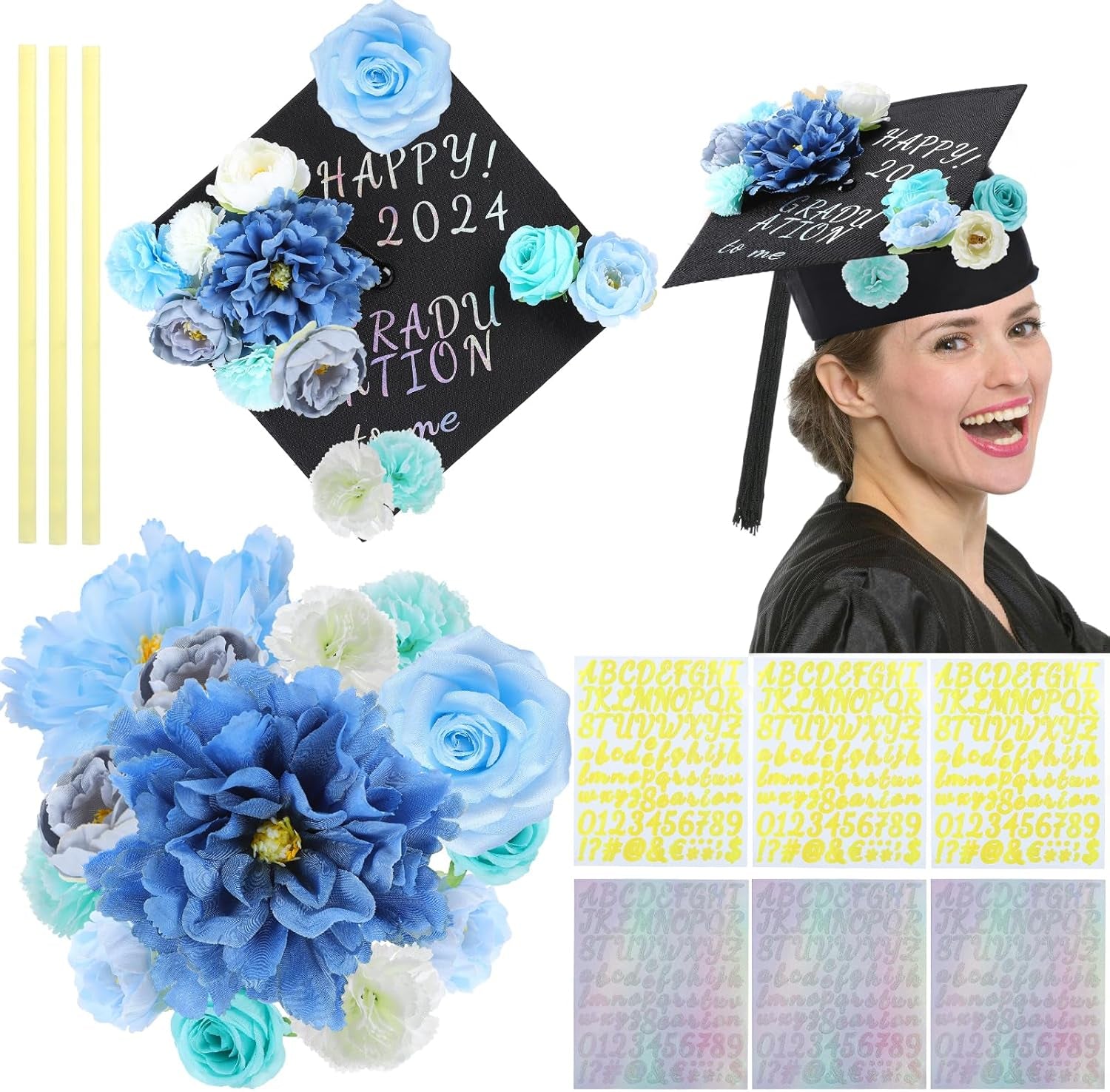 2024 Graduation Cap Decorations Kit - Grad Cap Topper Decor Included 3D Artificial Flowers & Gold and Silver Self-Adhesive Number Letter Stickers & Glue Sticks for DIY (Blue 26 Pcs)