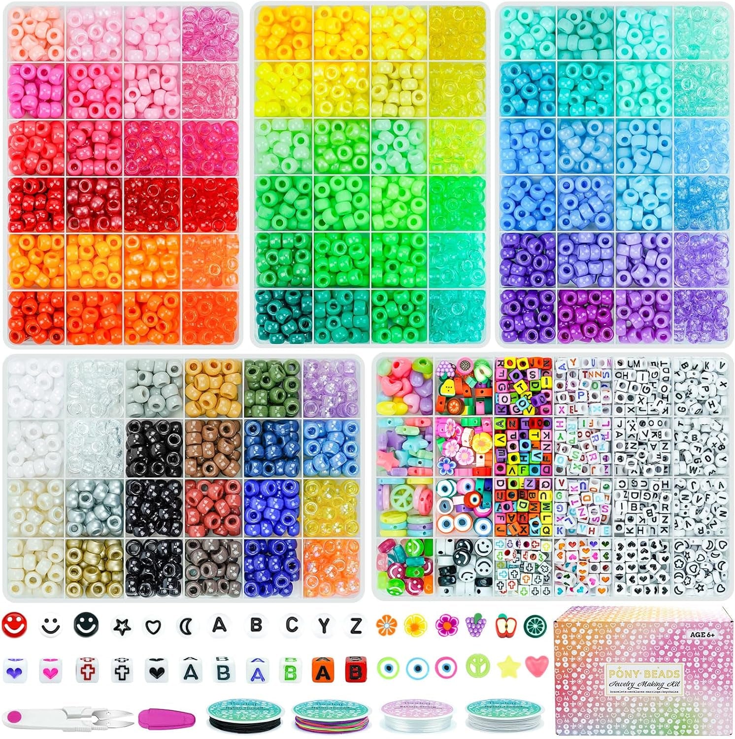 5 Boxes Bracelet Making Kit Pony Beads, 96 Colors 6X9Mm Friendship Bracelet Kit Large Plastic Kandi Beads for Bracelets with 800Pcs Letter Bead Bulk Crafts Gift for Kids Adults DIY Jewelry Toys