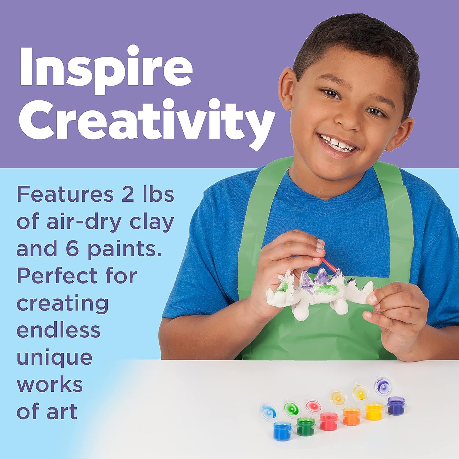 Pottery Studio Refill Kit - 2 Lbs. of Natural Air-Dry Pottery Clay, 6 Paint Pots and Paintbrush, Clay Making Kit for Kids