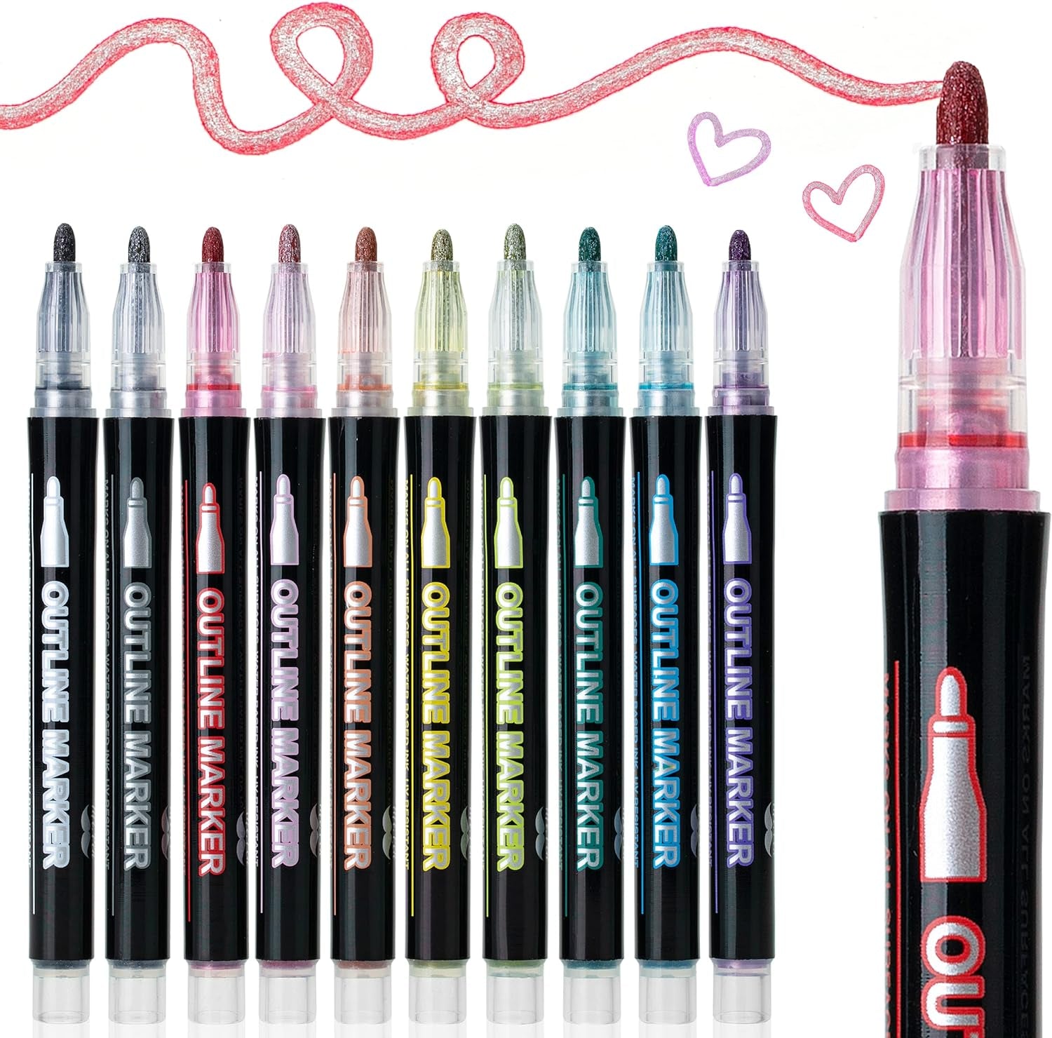 - Double Line Outline Markers, 10 Colors, Shimmer Markers, Self-Outline Metallic Markers, Outline Pens, Craft Pens