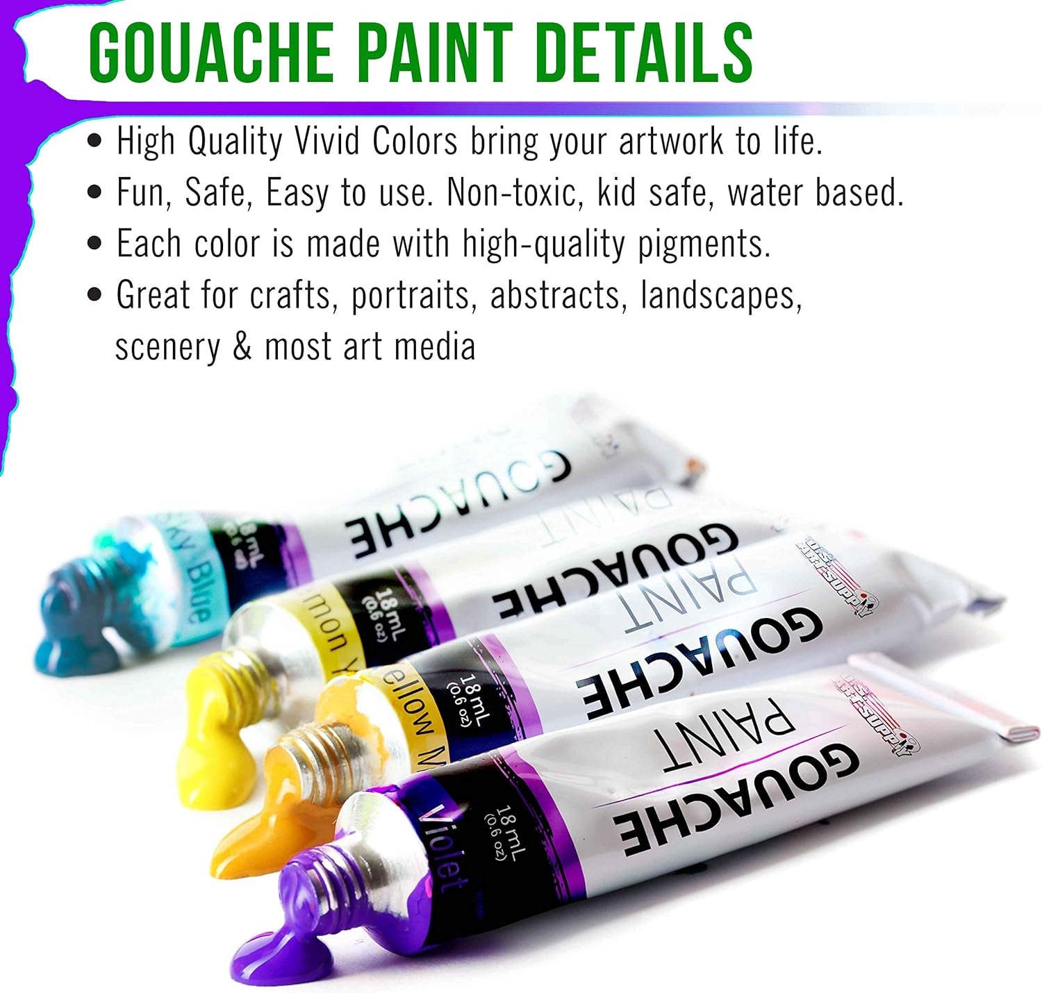 Professional 36 Color Set of Gouache Paint in Large 18Ml Tubes - Rich Vivid Colors for Artists, Students, Beginners - Canvas Portrait Paintings - Color Mixing Wheel