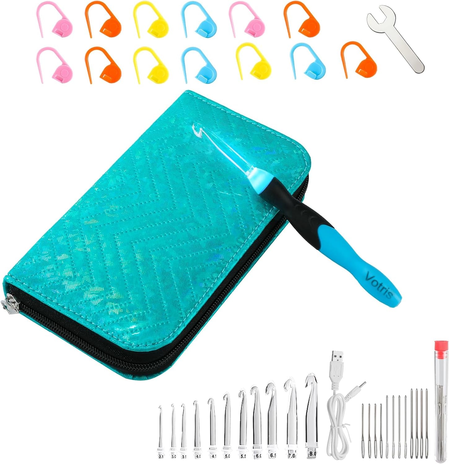 Light up Crochet Hooks - Crochet Kit for Beginners, Ergonomic Soft Grip, Rechargeable Light, 11 Interchangeable Heads - Ideal Crochet Set for Crocheting Yarn, Arthritic Hands, Crafting Delight