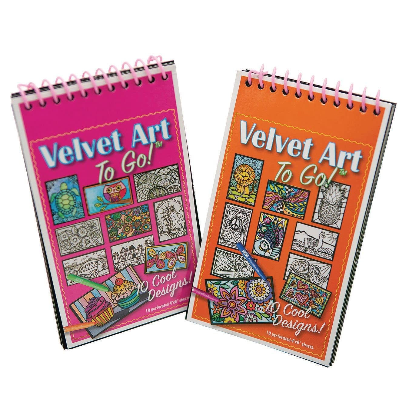 Velvet Art to Go! 2 Spiral Bound Coloring Books W/Perforated Cardstock Pages, Fuzzy, Felt, Great for Travel: Planes, Cars, Backpacks, 20 Different Projects Total, Kids & Adults, 4"X6".