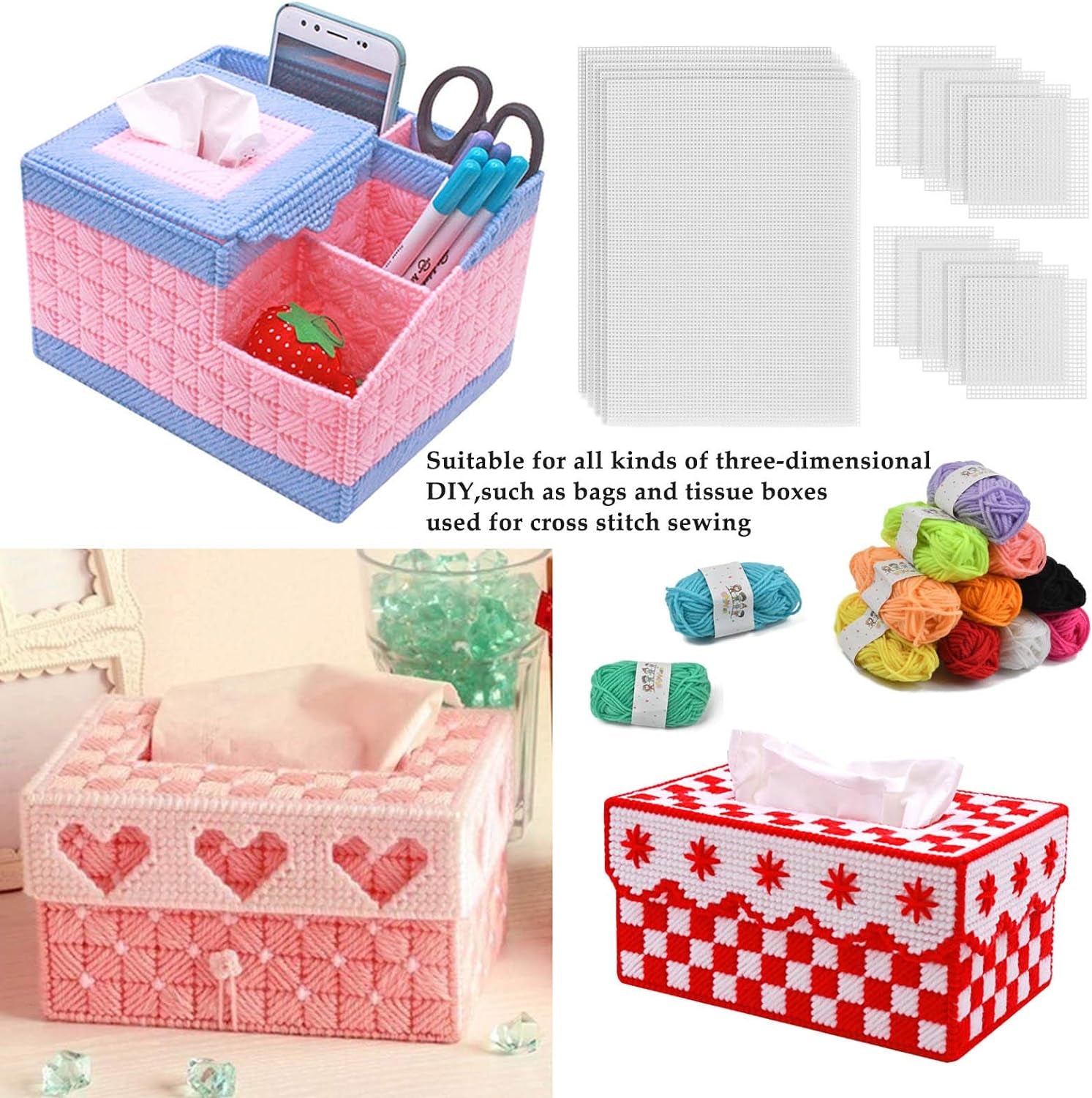 39Pcs Mesh Plastic Canvas Sheets Kit Including 15 Pieces Clear Plastic Canvas, 12 Color Acrylic Yarn and Embroidery Tools for Embroidery Plastic Canvas Craft