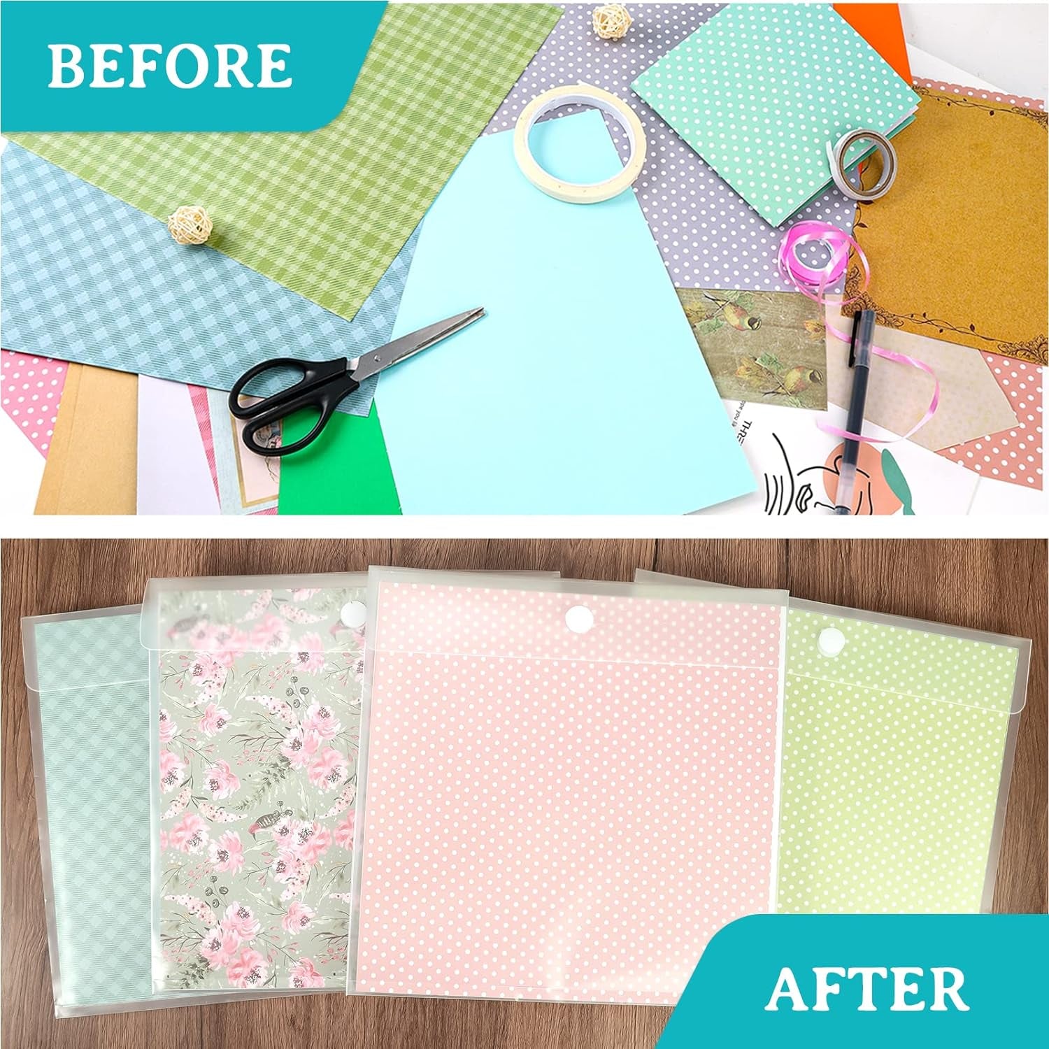 24 Pieces Scrapbook Paper Storage with Hook and Loop Closure, Plastic 12X12 Paper Storage Organizer with 30 Pieces Adhesive Stickers for Holding Scrapbook Paper, Vinyl Paper