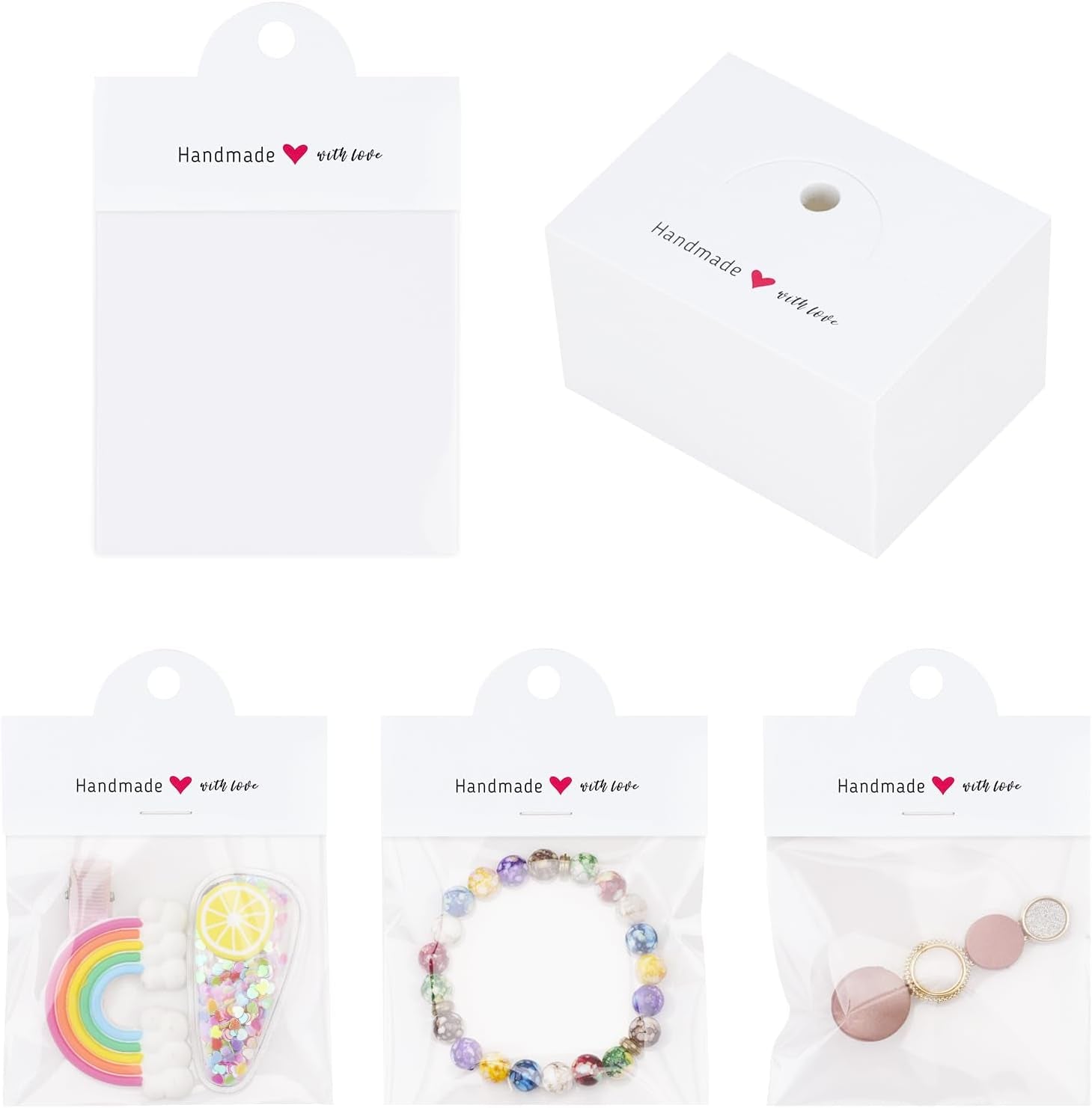 100Pcs Packaging for Small Business, Jewelry Package Supplies for Small Business, Jewelry Display Clear Bags for Selling, Small Craft Packaging Set for Bracelets, Key Chains, Earring(White)