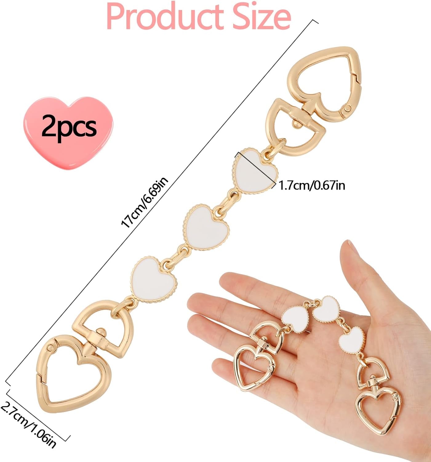 2Pcs Bag Extender Chain Purse Strap Extender Heart Shape Chain Straps Replacement Bag Extender Chain Handle Bag Accessories Replacement Womens Accessory Bag Chain Straps Heart Shape