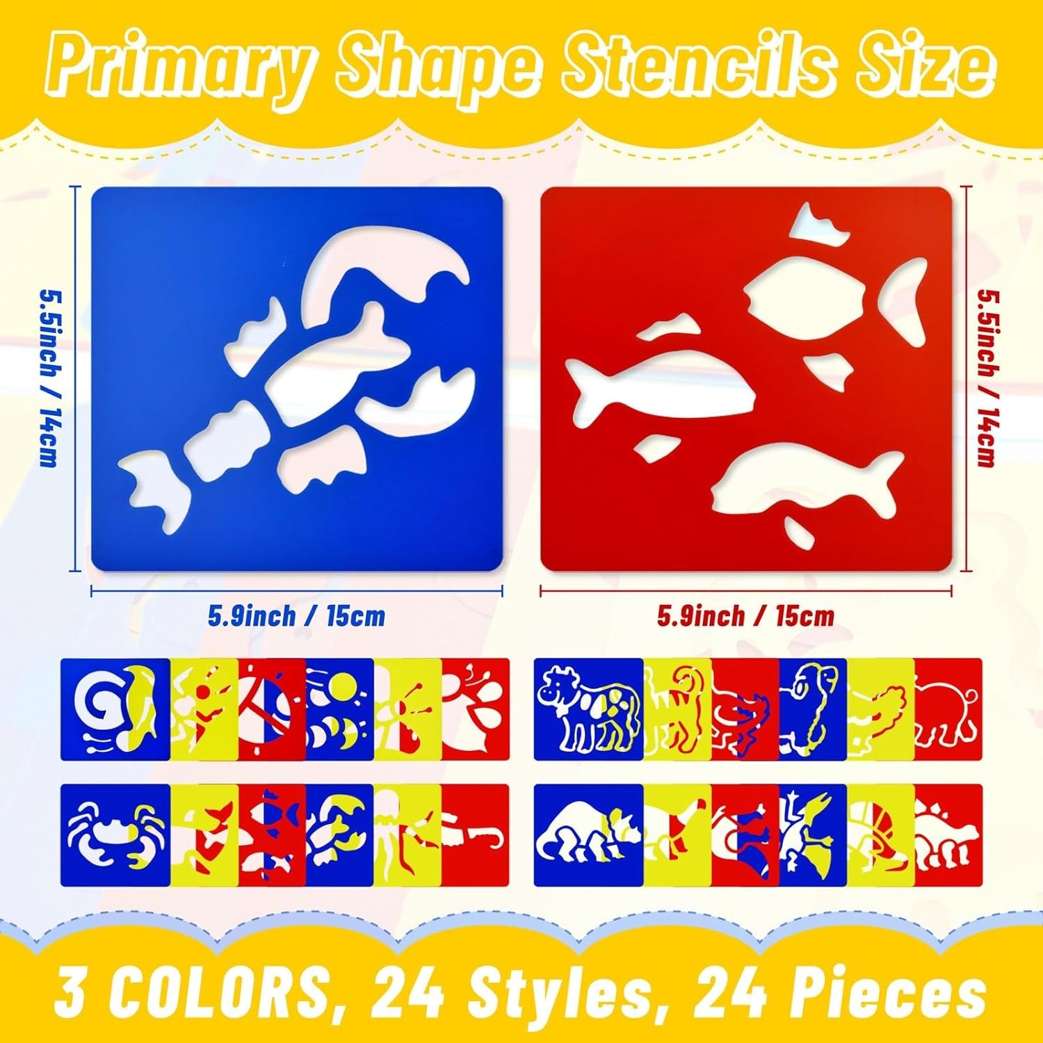 24 Pieces Stencils for Kids 5.9 X 5.5 Inches Drawing Stencils Chalk Stencils Large Washable Animal Themed Primary Shape Template for Kids Toddlers Preschooler (Animal Style)