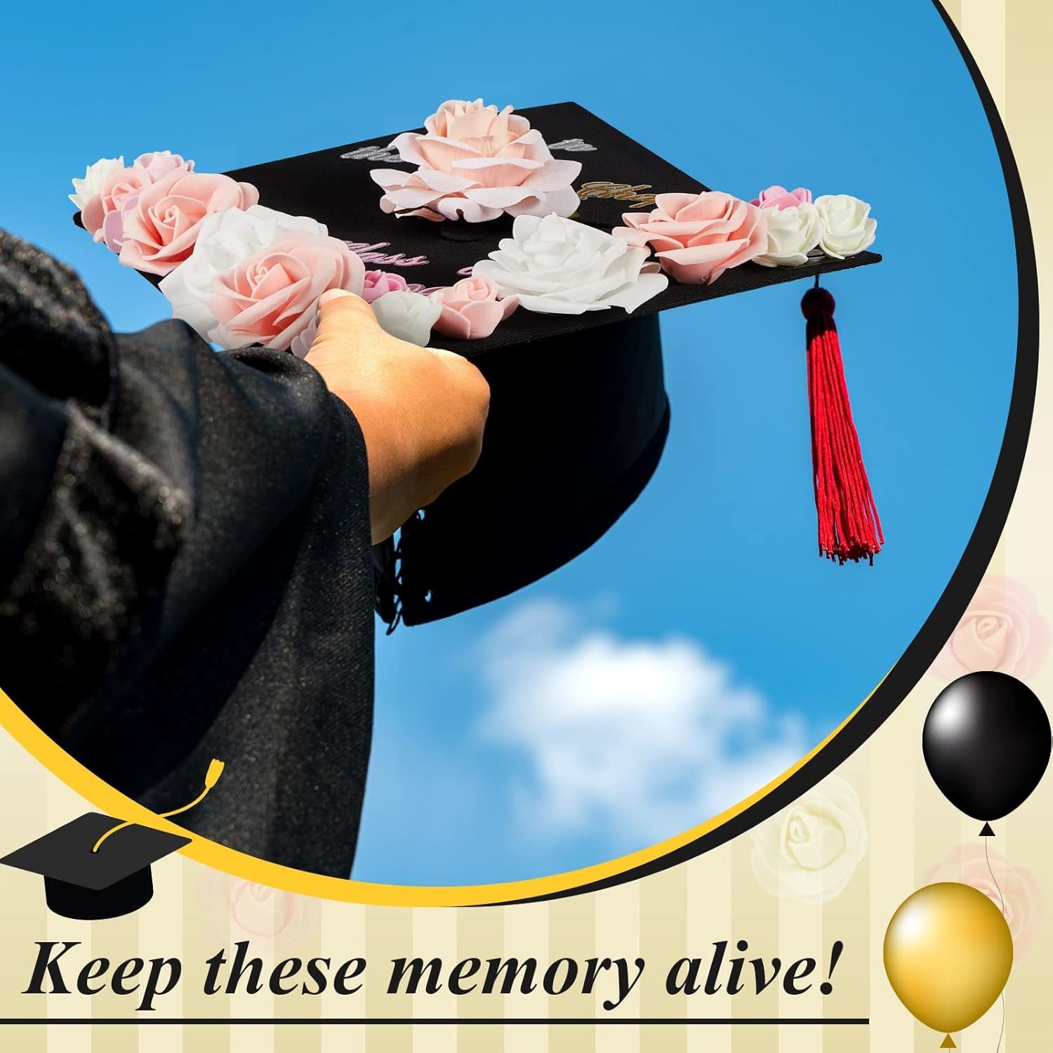 39 Pcs Graduation Cap Decorations Kit Include 29 Faux Flowers Heads Glue Gun 6 Glue Sticks 3 Sheets Glitter Quotes Cap Topper Decoration Kit for Graduation DIY (Cap Not Included)