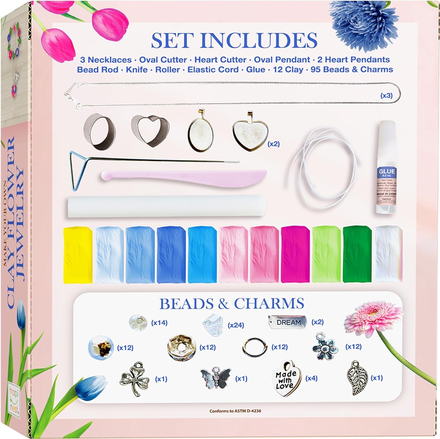 Clay Flower Jewelry Crafting Kit - 120 Pcs with Sculpting Tools, Beads, Charms, 11 Clay Colors - Create 3 Flower Friendship Bracelets and 3 Necklaces - Perfect Girls Gift Set