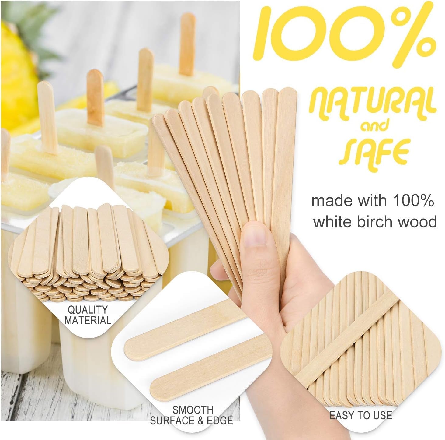 1000Pcs Popsicle Sticks, Natural Wooden Food Grade Craft Sticks, 4-1/2 Inch Great Bulk Ice Cream Sticks for Craft Project, Home Decoration