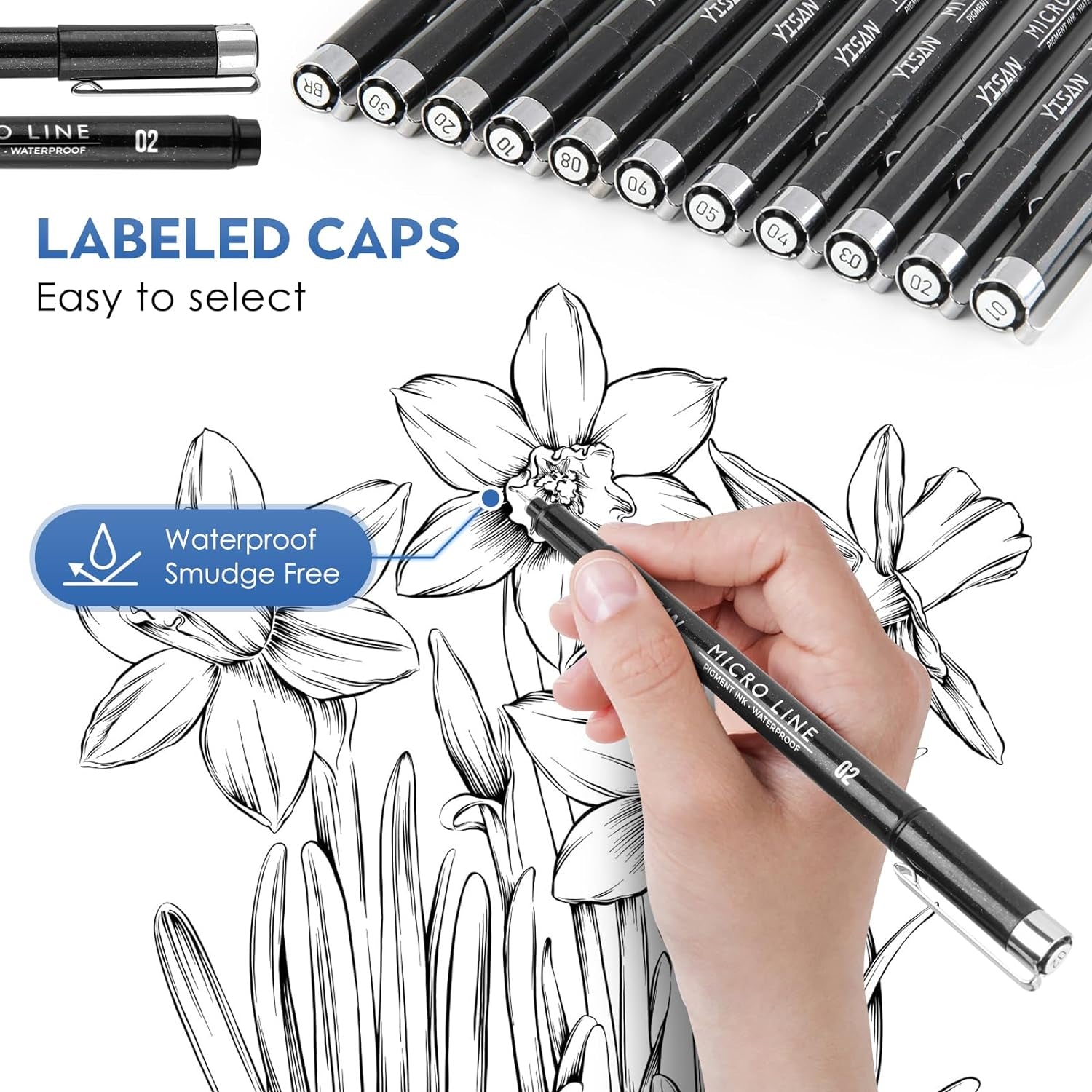 Black Drawing Pens,12 Art Pens Set,Fineliner Ink Pens,Art Markers,Manga Pens,Technical Pens for Sketching,70337