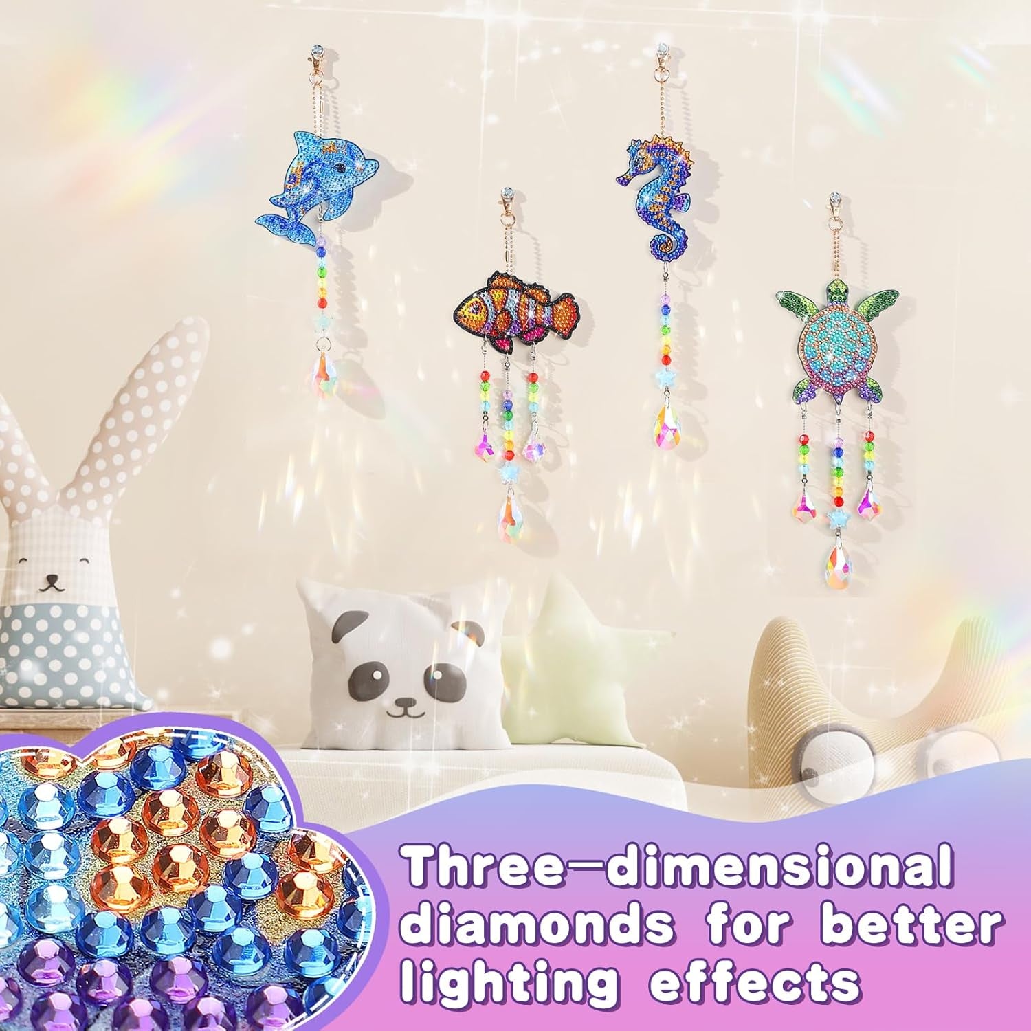 Diamond Art Suncatchers Kit for Kids Gifts - 4 Pcs Double Sided Wind Chime, Crystal Rhinestone Dotz Painting, Sea Animal Style Hanging Ornament for Home Window Beginners Craft DIY Supplies