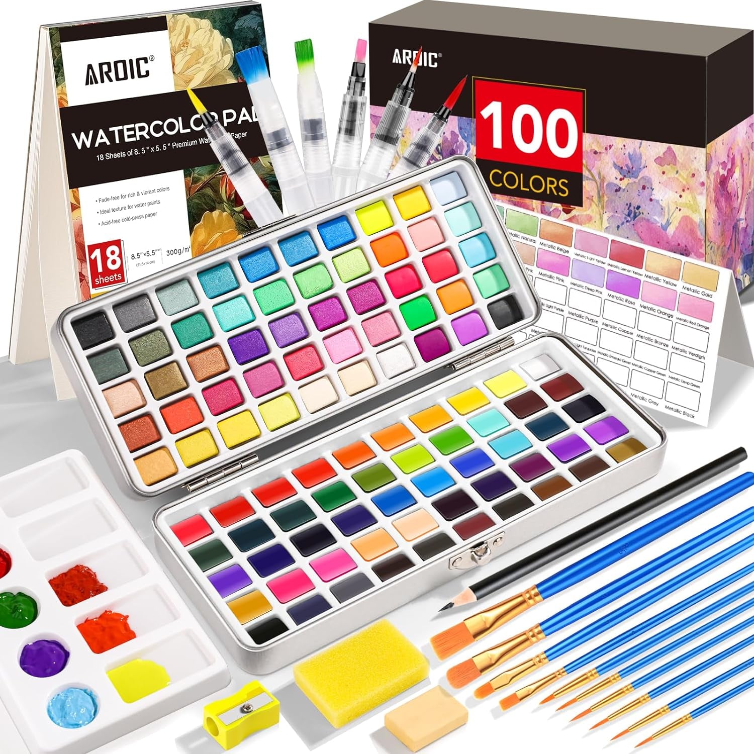 100 Colors Watercolor Paint Set,In Portable Box,Include Pearl Light & Fluorescent Color, 10 Painting Brushes, 6 Water Brush Pens, Pad, Palette and Everything Else You Need, Travel Kit