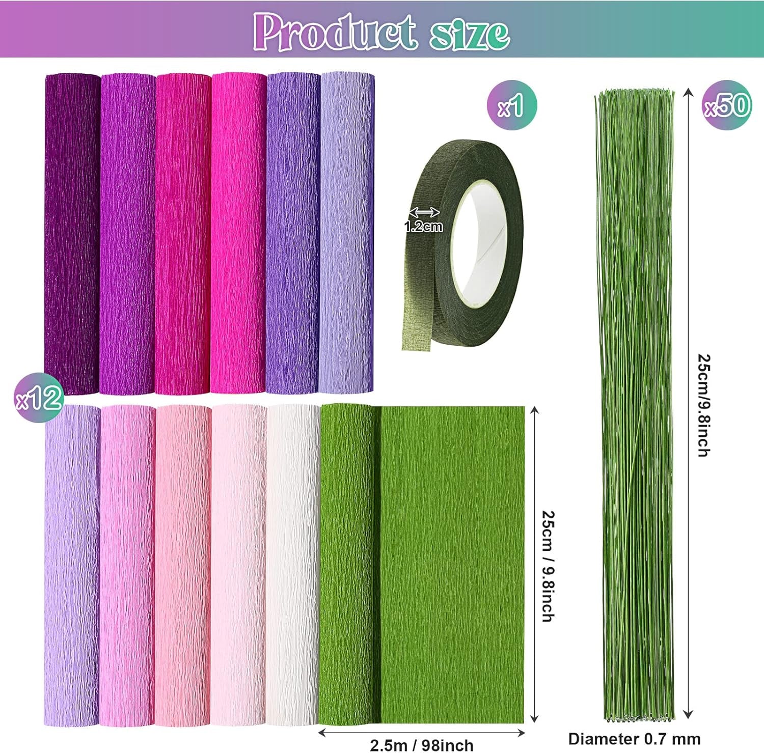 12 Rolls 8 Feet Crepe Paper Sheets Rolls 10 Inch Crepe Paper Streamer 103 Pcs Floral Arrangement Kit Green Floral Tape Floral Wire Stems Wire Cutter for Wreath Flower Making(Elegant Colors)