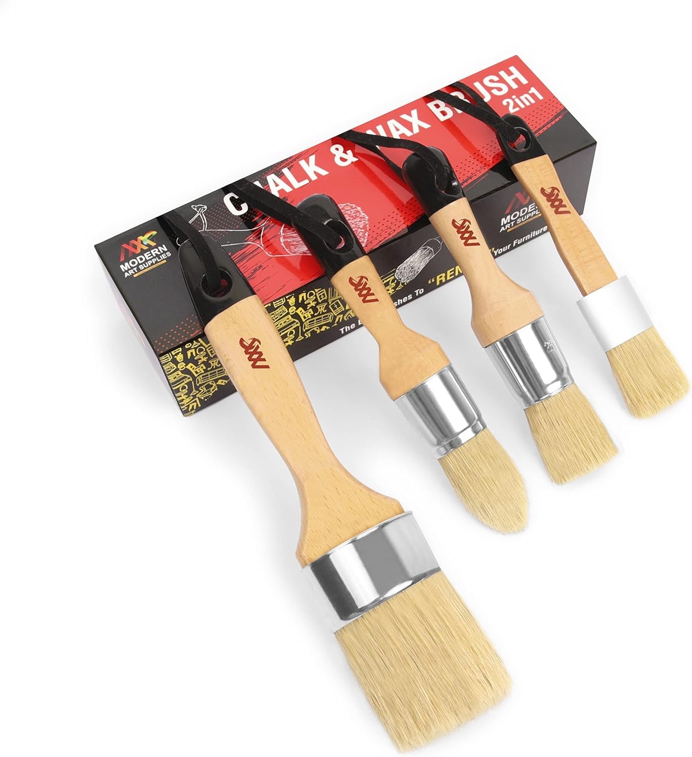 Chalk Wax Paint Brush 4Pcs Set Including 3 Small Paint Brushes for Furniture Painting and 1 Large Chalk Brush, Bristle Paint Brushes Set Compatible with Annie Sloan Chalk Paint, Fusion Mineral Paint