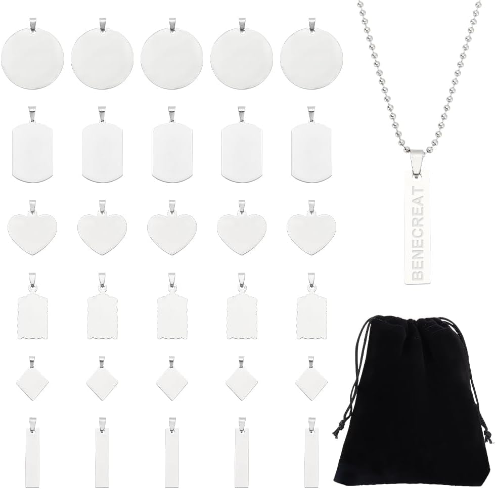 30PCS Mixed Large Stainless Steel Stamping Blanks, Round/Rectangle/Heart Pendants Charms with Black Velvet Bag and Clear Storage Box for Necklace Bracelet Making and ID Name Tags, 1Mm Thick