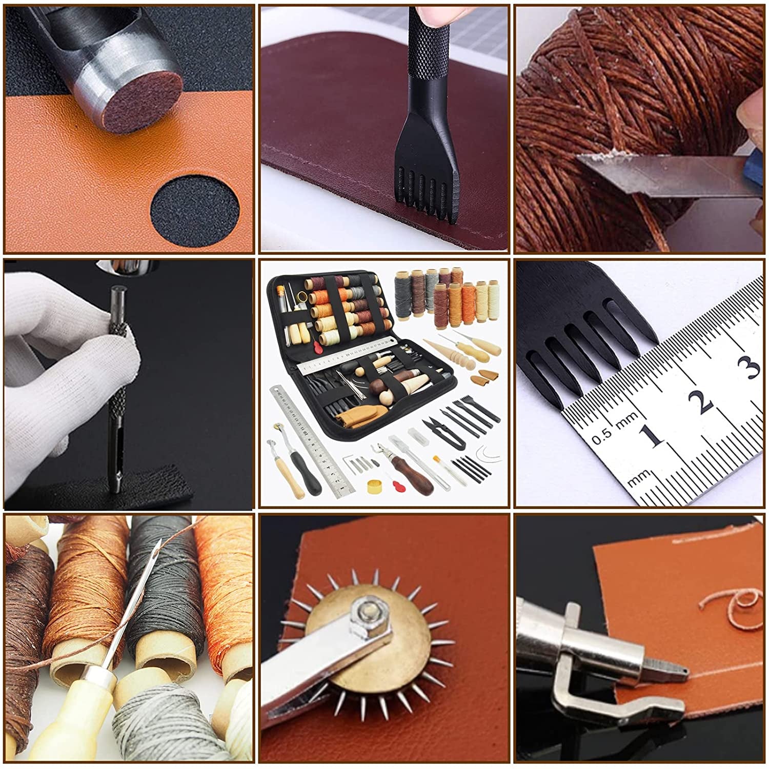 Leather Working Tools for Beginners: Professional Leather Craft Kit with Waxed Thread Groover Awl Stitching Punch for Leathercraft Adults Gifts 02