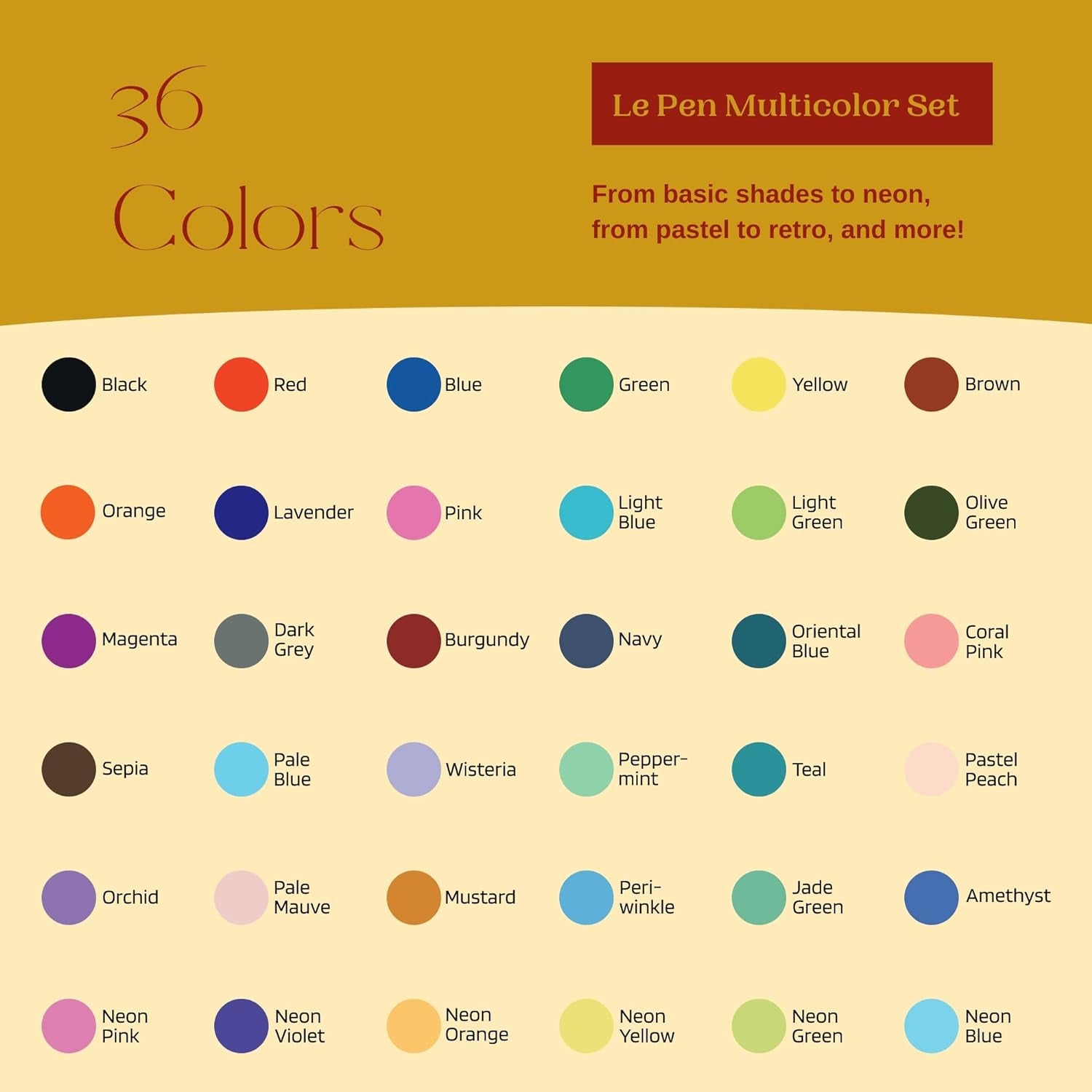 Uchida Le Pens Multicolor Set - 36 Colors Complete Set - Le Pen Pens for Journaling - Smudge Proof Fine Pens for Writing, Drawing - 0.3 Fine Line Lepen Pen Set