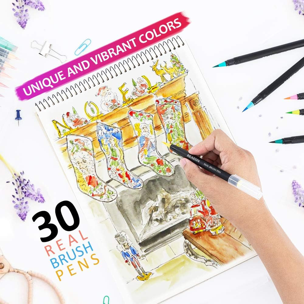 Watercolor Brush Pens, Real Brush Pen, 30 Watercolor Painting Markers with Flexible Nylon Brush Tips for Coloring, Calligraphy and Drawing (1 Water Brush Pens for Blending)