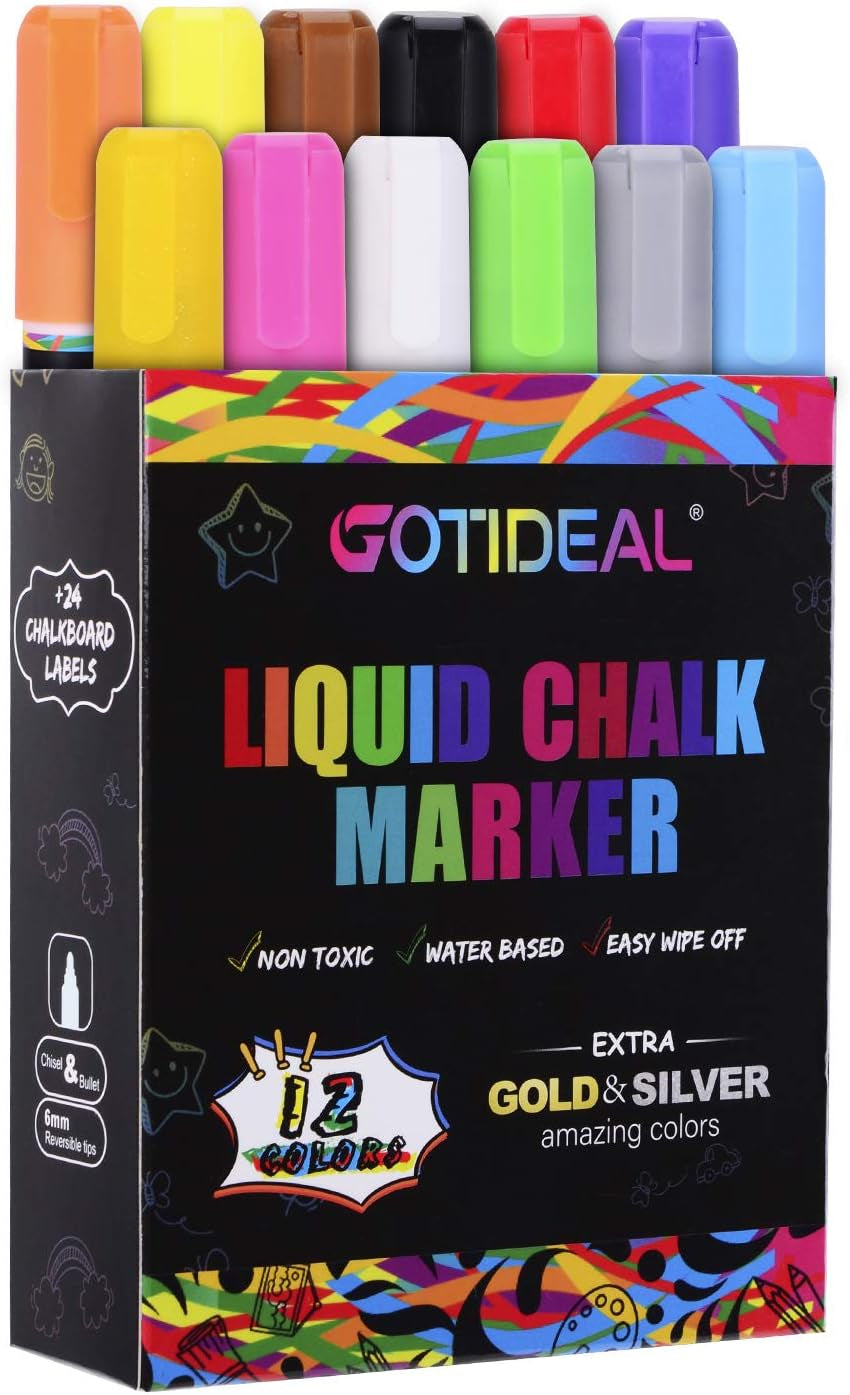 Liquid Chalk Markers, 12 Colors Premium Window Chalkboard Neon Pens, Including 2 Metallic Colors, Painting and Drawing for Kids and Adults, Bistro & Restaurant, Wet Erase - Reversible Tip