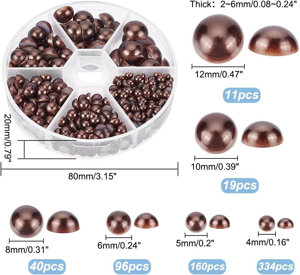 690Pcs Half round Pearl Beads 6 Sizes Flat Back Pearl Cabochon Faux Pearl Beads for DIY Scrapbook Phone Case Wedding Decor Hair Accessory Nail Art, Coconut Brown, 4/5/6/8/10/12Mm