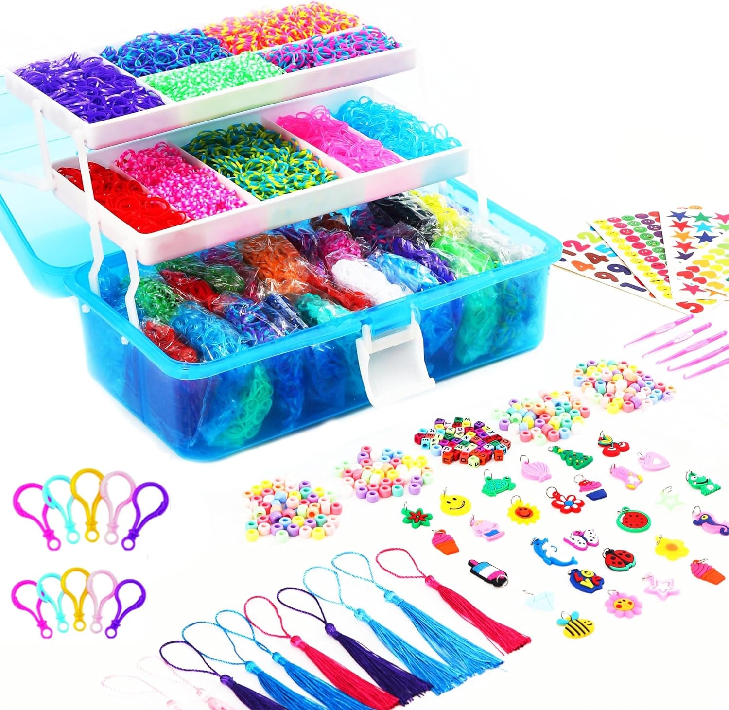 15000+ Rubber Loom Bands, Mega Rubber Bands Bracelet Kit,Loom Bracelet Making Kit with 3 Layer Container,30 Colors,380 Beads,30 Charms,Clips, Hooks Tools for DIY Art Craft