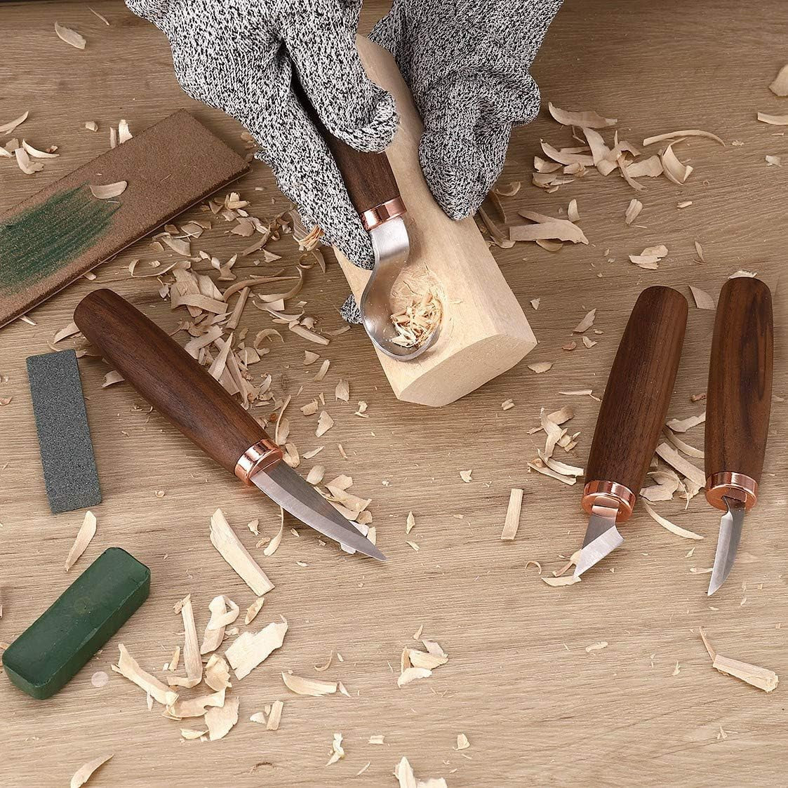 Wood Carving Tools Pack of 11- Includes Black Walnut Handle Wood Carving Knife,Whittling Knife,Hook Knife,Polishing Compound,Sharpening Stone,Cut Resistant Gloves,Wood Carving Kit for Beginners.