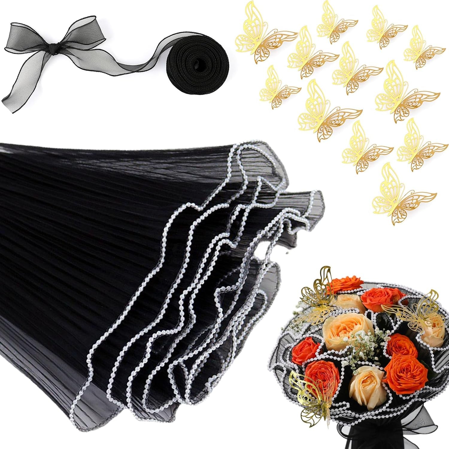 Black Flower Wrapping Paper Kit - 4.37 Yards Pearl Lace Mesh for Bouquets, Wave Tulle with Ribbons and 3D Butterflies - Floral Wrap Florist Supplies (Black)