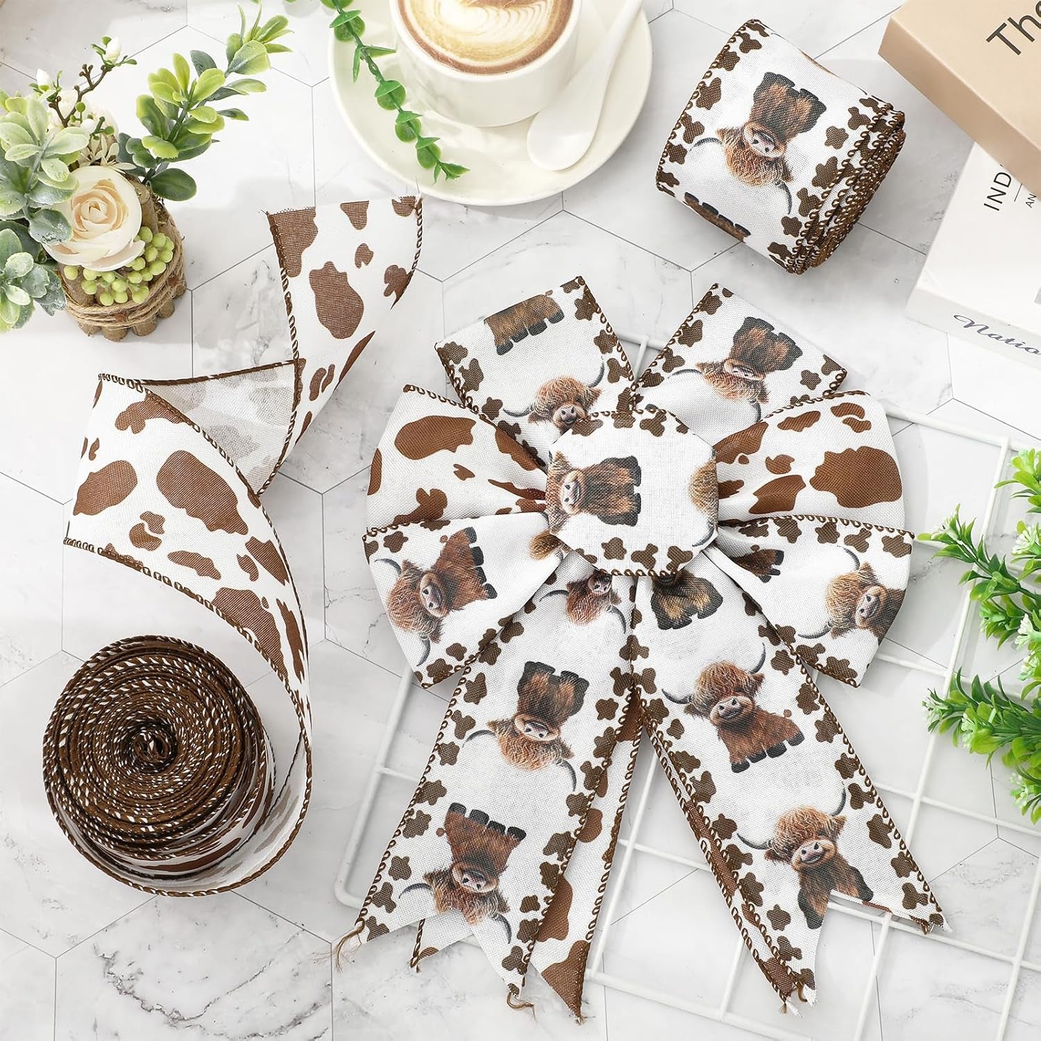 Highland Cow Wired Edge Ribbon Cow Print Craft Ribbon White Brown Fabric Ribbon for Wreath Bow Making DIY Crafts Wrapping Party Decor Supplies, 2 Rolls, 20 Yard