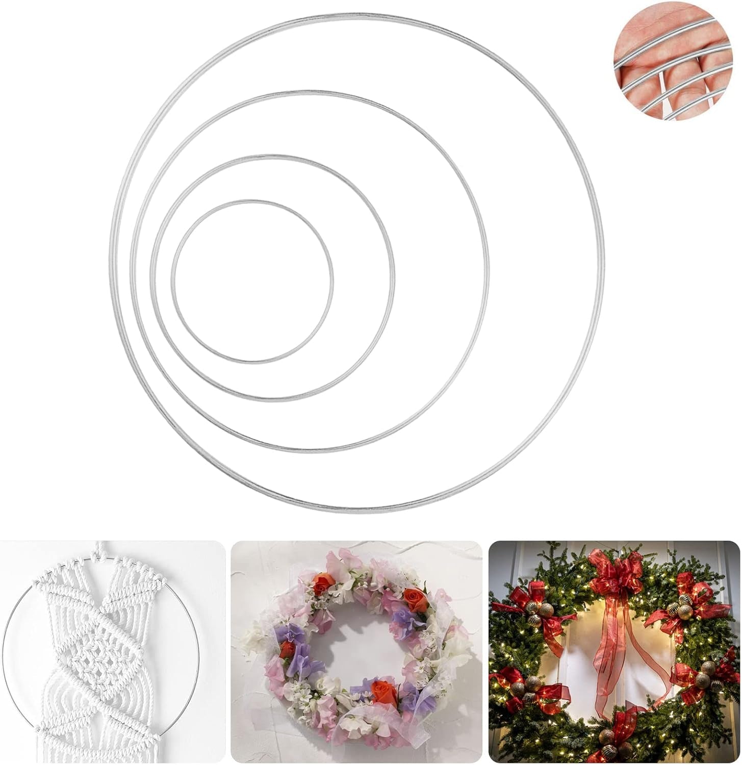 8 Pack Large Metal Floral Hoop Wreath Macrame Silver Hoop Rings(6 Inch8 Inch10 Inch 12 Inch) for Making Wedding Wreath Decor and DIY Dream Catcher Wall Hanging Crafts-Silver