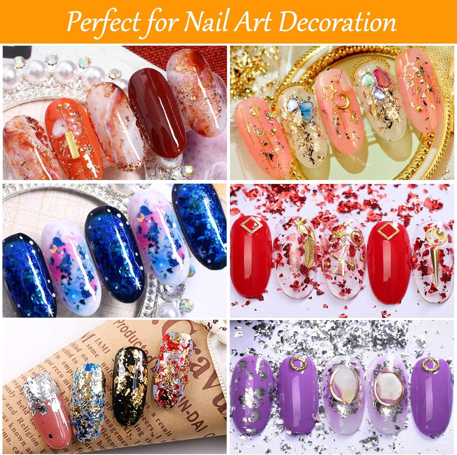 6 Boxes Gilding Flakes, Gold Foil Flakes for Resin, Gold Leaf Gilding Flakes Metallic Foil Flakes with Tweezers for Painting Arts and Resin Crafts, Nail Art (Gold, Silver, Copper, Red, Blue, Purple)