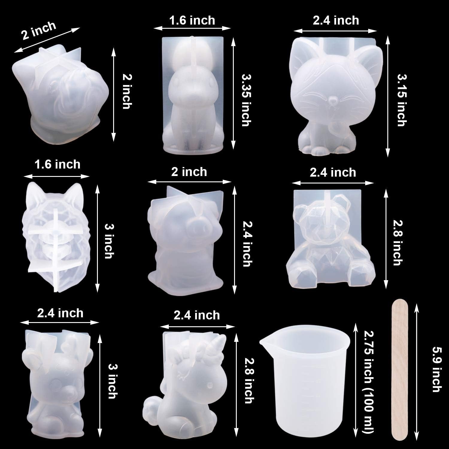 20Pcs 3D Animal Resin Molds Tools Set Includes 8 Resin Casting Molds Large Clear Epoxy Silicone Molds 2 Measurement Cup 10 Wood Sticks for Resin Craft DIY