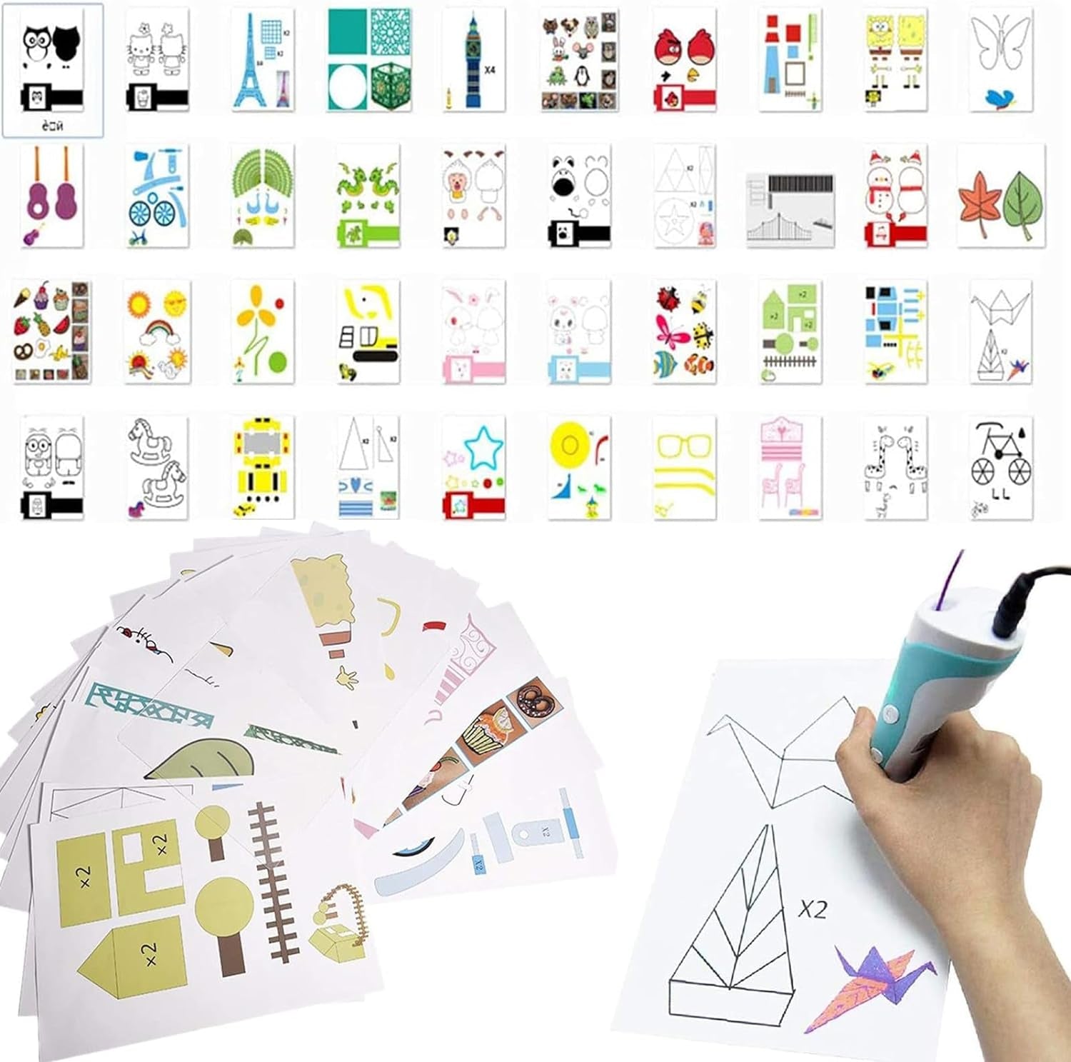 3D Printer Drawing Molds Paper Stencils for 3D Printing Pen, Printing Paper Painting Graffiti Template for 3D Pen Kids DIY Gift Present, 20 Sheets 40 Patterns with a PVC Transparent Board.