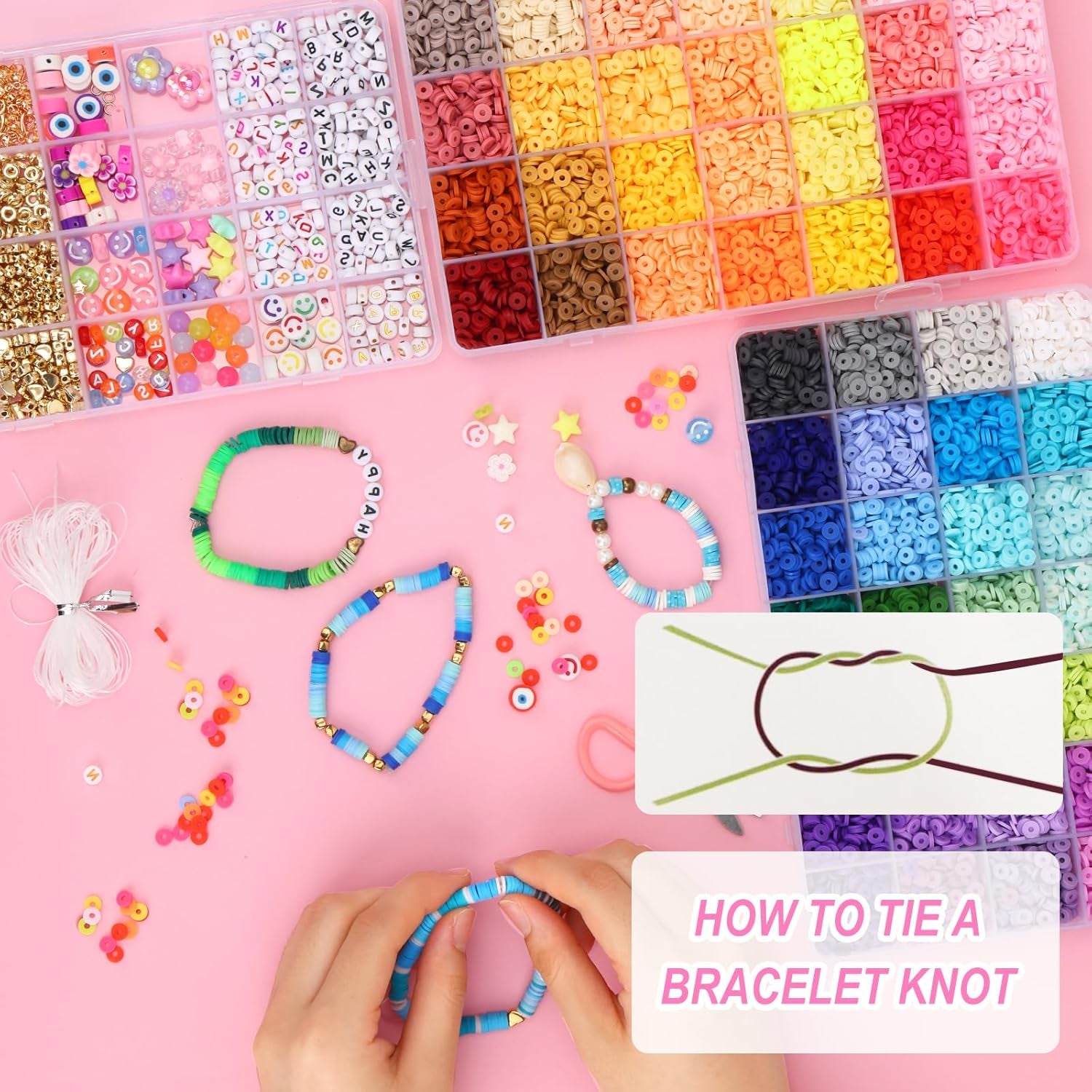 12000Pcs Clay Beads for Bracelet Making, 56 Colors Flat round Polymer Clay Beads Spacer Heishi Beads for Jewelry Making with Trendy Beads, Pendant Charms Kit, Letter Beads and Elastic Strings