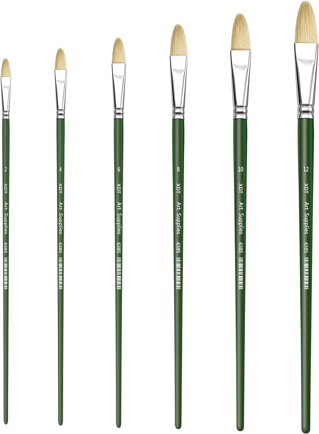 XDT#6385 Filbert Artist Paint Brush 6 Piece Set Medium Stiff Hog Bristle Extra Long Handle #2#4#6#8#10#12, Acrylic Oil Watercolor