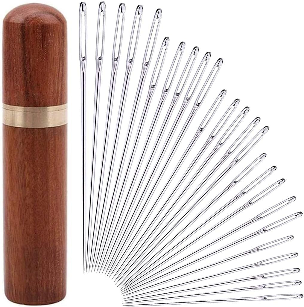 25Pieces Hand Sewing Big Eye Needles Sharp Needle，With Solid Wood Needle Case For