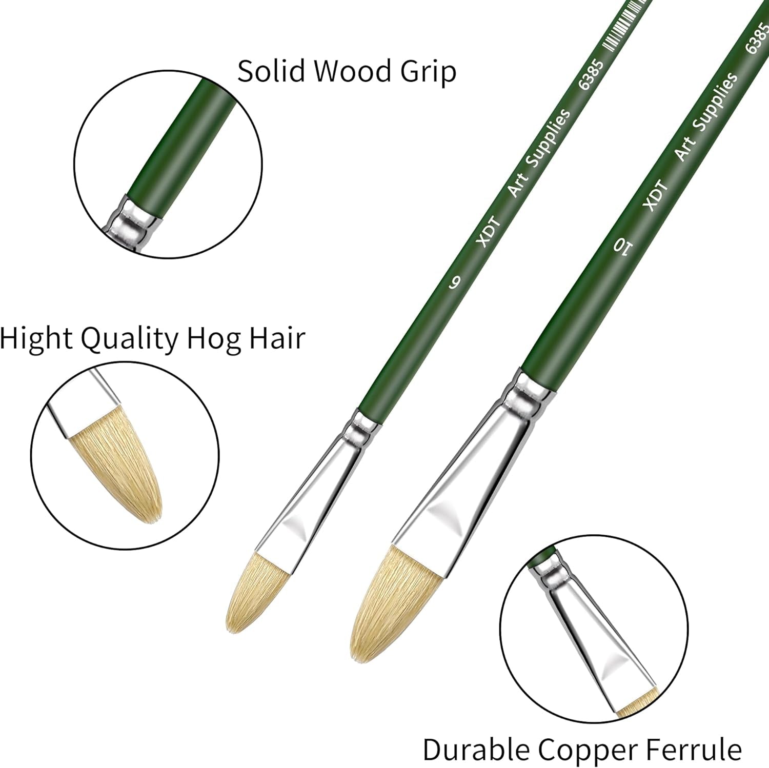 XDT#6385 Filbert Artist Paint Brush 6 Piece Set Medium Stiff Hog Bristle Extra Long Handle #2#4#6#8#10#12, Acrylic Oil Watercolor