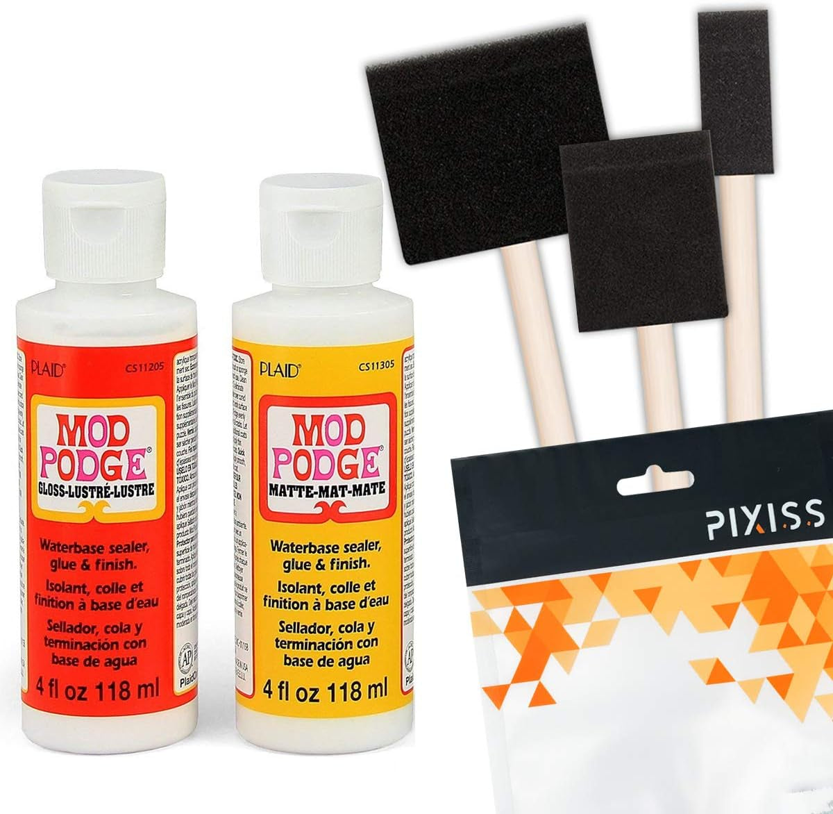 Mod Podge Decoupage Starter Kit, Gloss and Matte Medium with 3 Pixiss Foam Brushes, Waterproof for Puzzles, Wood and More