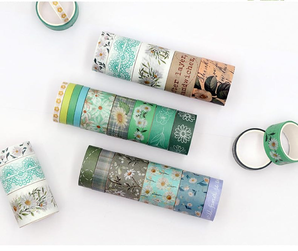 Washi Tape Set, 20 Rolls Aesthetic Decorative Floral Masking Tape,Green Flowers Washi Tapes for Scrapbooking Supplies,Journaling Supplies,Diy Crafts,Junk Journal Supplies