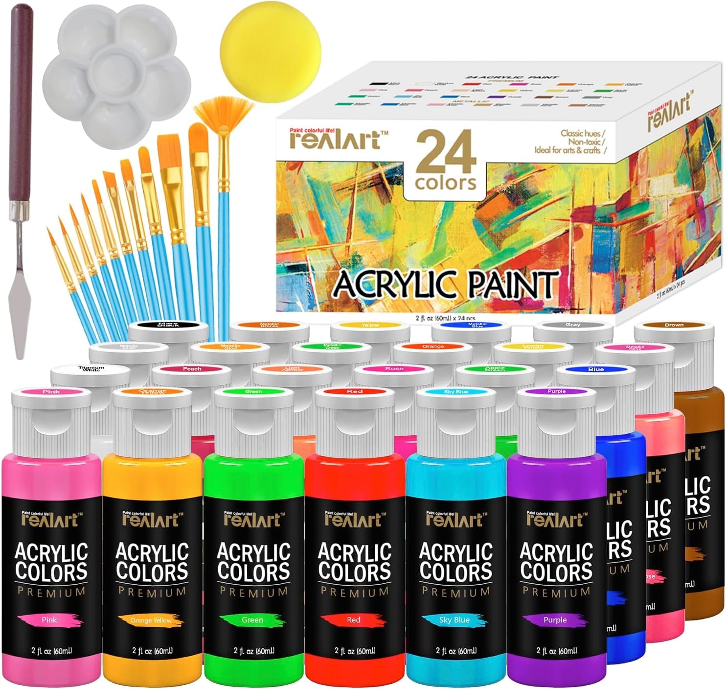 Bulk Acrylic Paint 24 Colors (2Oz/Bottle) with 10 Brushes Gloss Acrylic Paint Set Acrylic Paints for Canvas Painting Craft Paint Set for Kids Art Paint Christmas Gifts for Kids