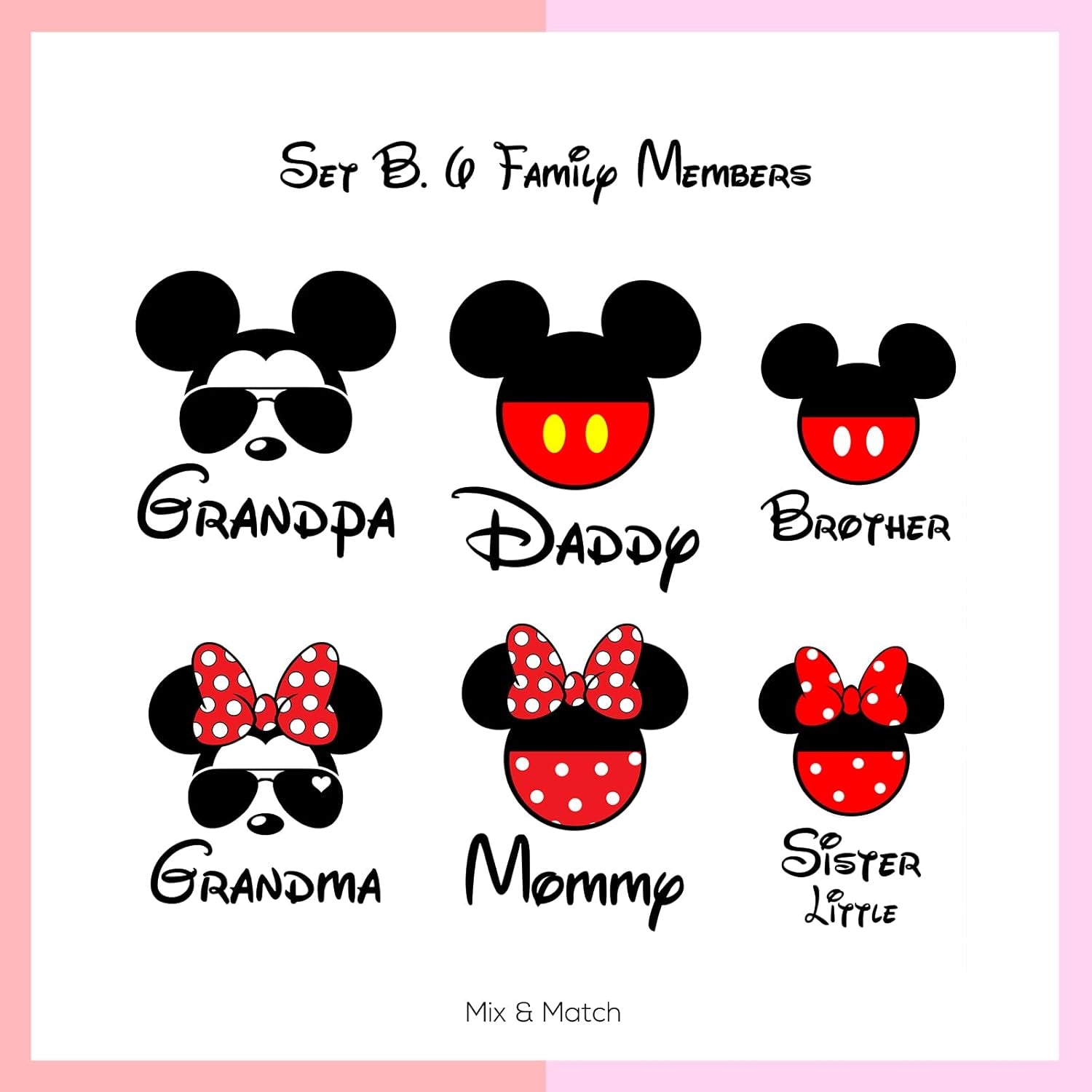 Iron on Decals for Family Shirts - Matching Tees Mouse Silhouette Heat Transfer Vinyl Patches for Theme Park Vacation Birthday Party Clothing Patches - Girl Set,Red Black Pink,Mmouse - 001