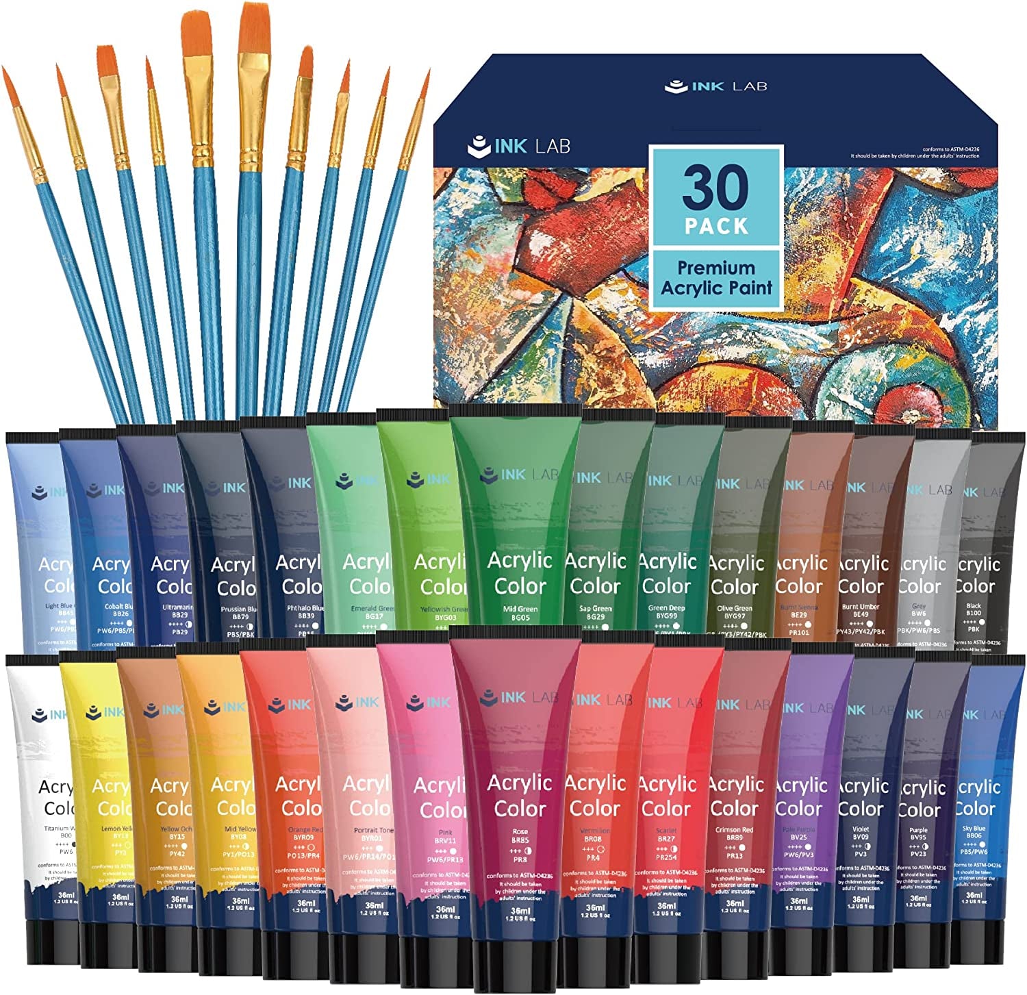 Acrylic Paint Set 30 Colors Craft Paints in Tubes with 10 Art Brushes Rich Pigment for Artists Beginners Kids Painting on Canvas Wood Fabric Crafts, 36Ml/Tube