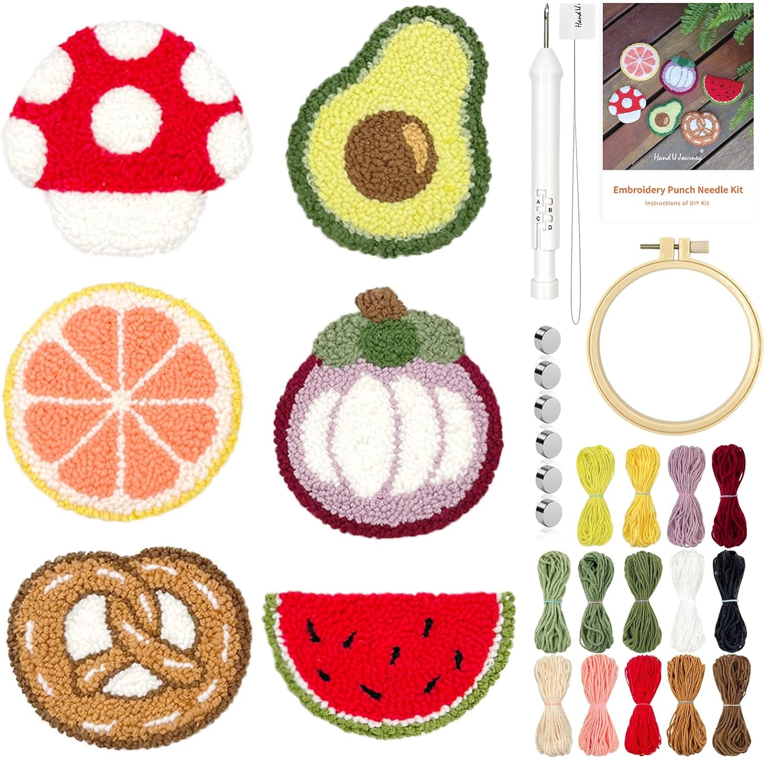 6PCS Embroidery Punch Needle Food Series Refrigerator Magnets Set, Rug Punch Decoration DIY Kit for Children and Adult Beginner