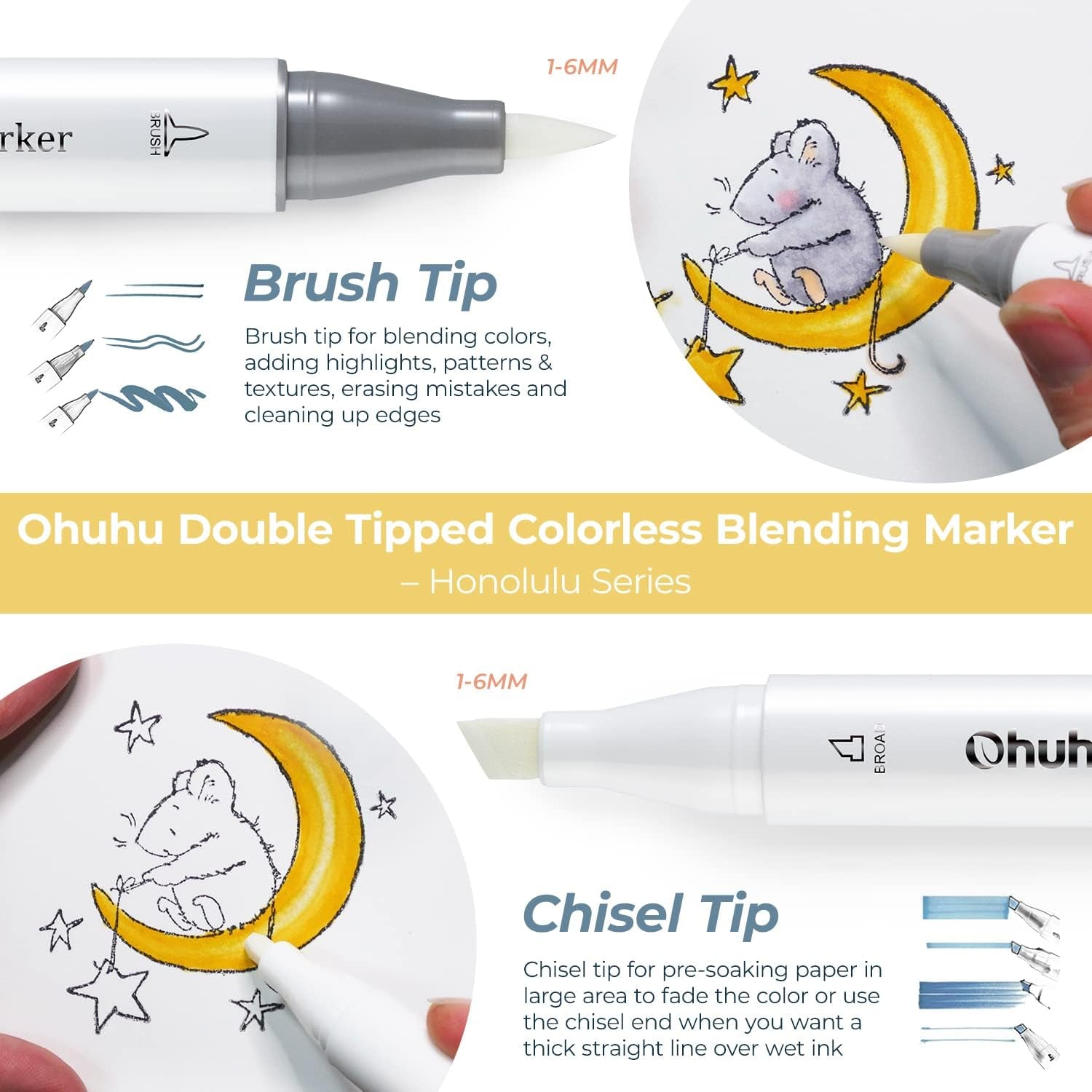 Alcohol Colorless Blenders - Pack of 6 Alcohol Based Ink No.0 Clear Blender Brush of  Markers for Adding Highlights Textures - Erasing Mistakes - Works Well with All Alcohol Markers