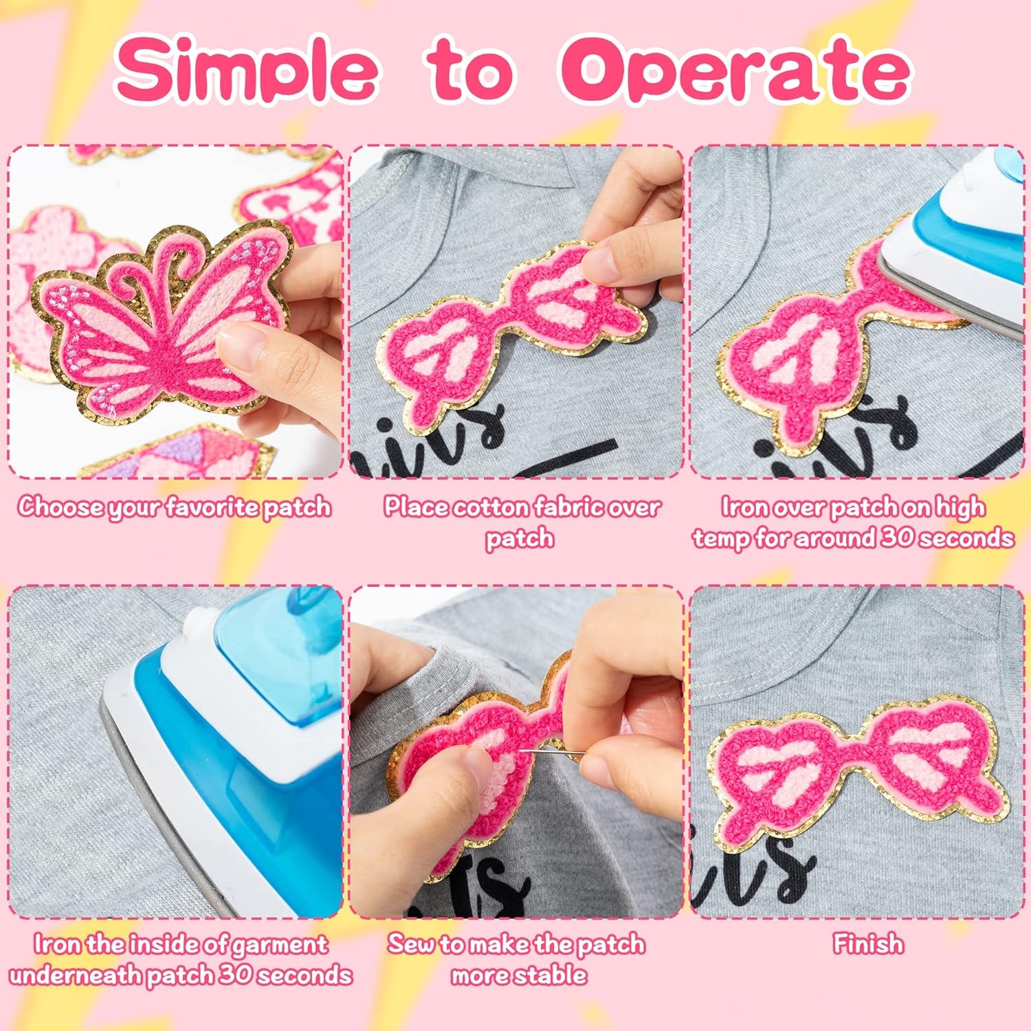 10Pcs Pink Preppy Iron on Patches for Girls Y2K Chenille Embroidered Repair Patch Hanging Lip Lightning Bolt Leopard Face DIY Accessories Sew on Applique for Backpack Clothes Hats Dress Jackets Jeans